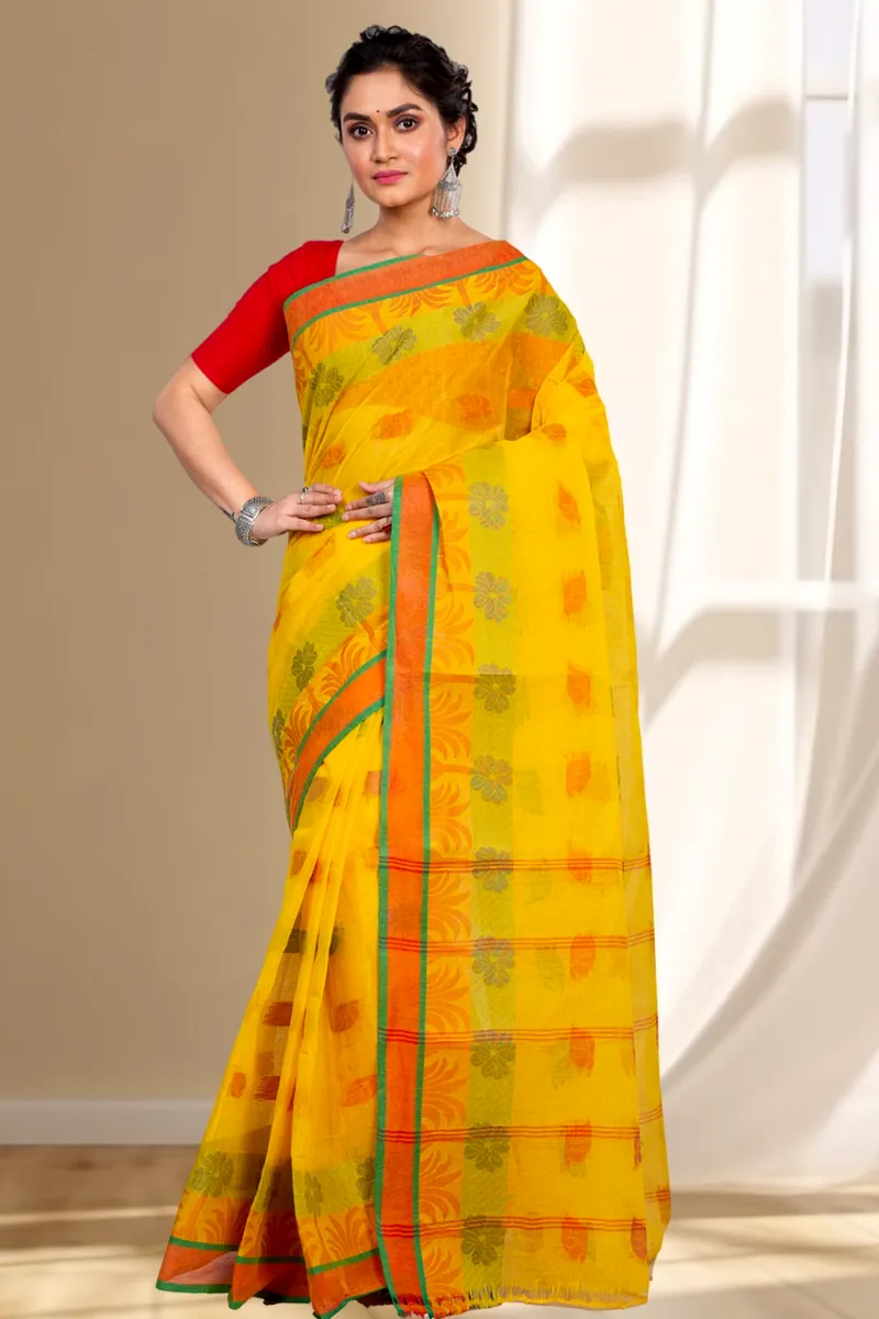 Yellow Pure Cotton TalGach Tant Saree (873)