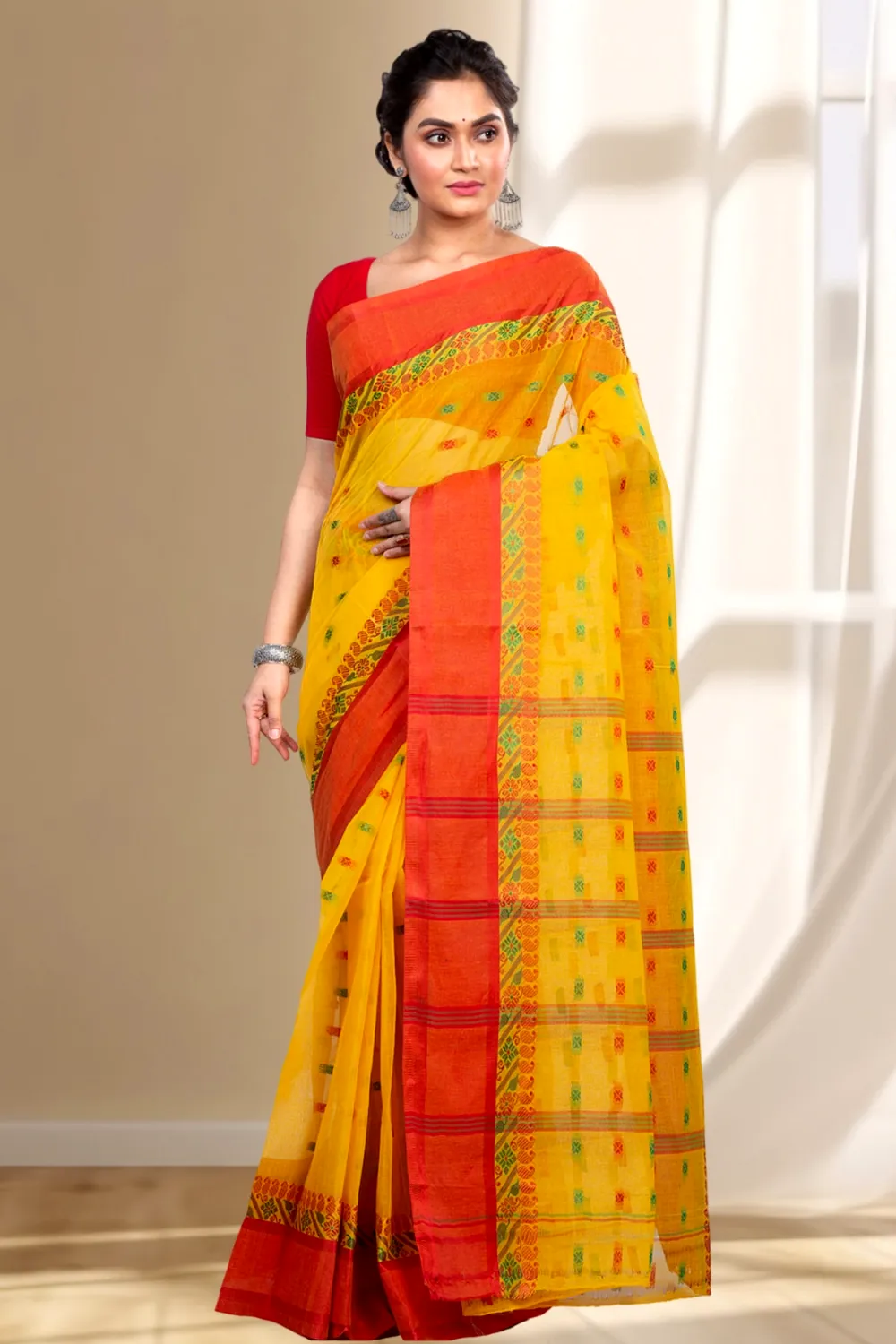 Yellow Pure Cotton ToraPar Tant Saree (878)