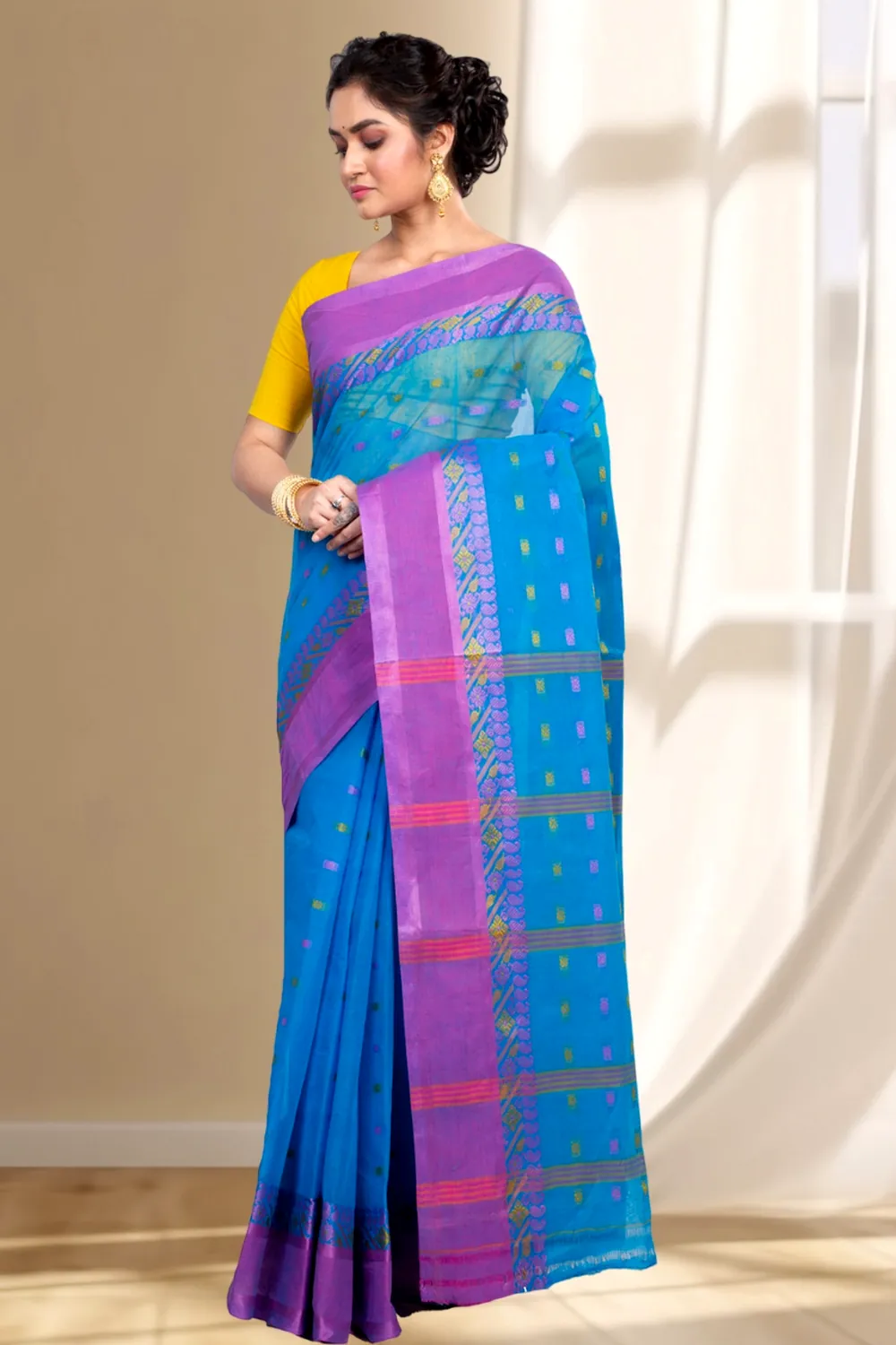 Sky Blue Pure Cotton ToraPar Tant Saree (881)