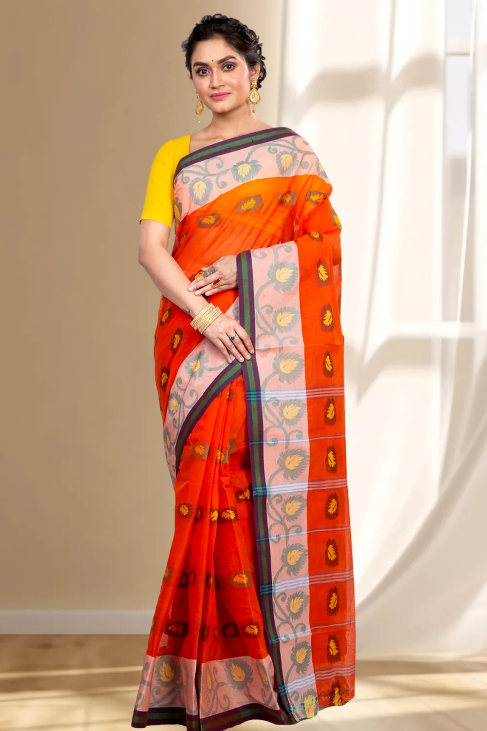 Orange Pure Cotton HapChaka Tant Saree (885)