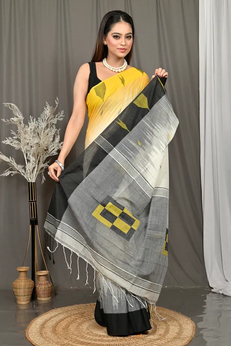 Black Yellow Cotton Soumon Kotki Saree  (89)