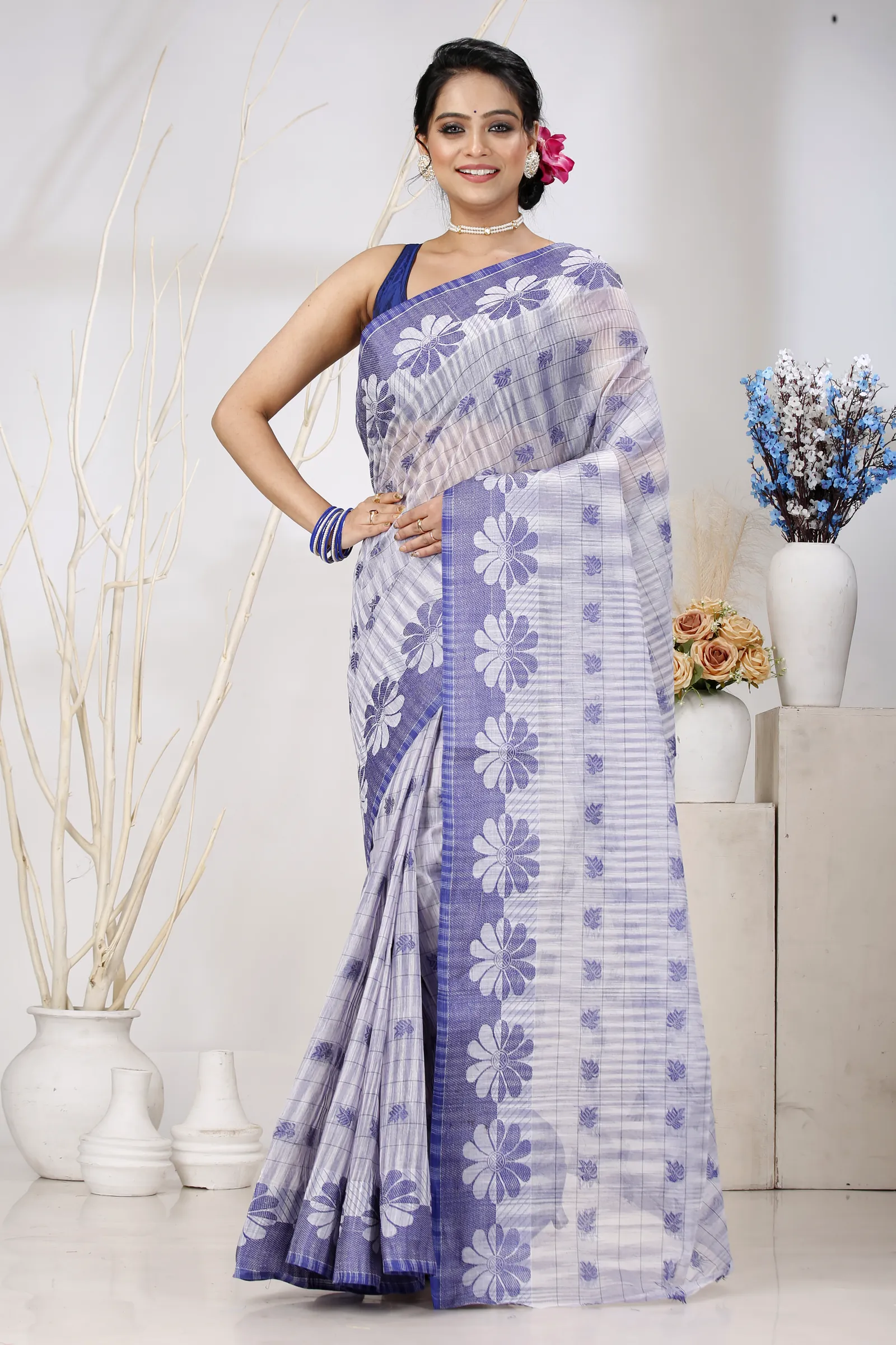 Parpel Blue Pure Cotton KotkiTat Tant Saree (891)