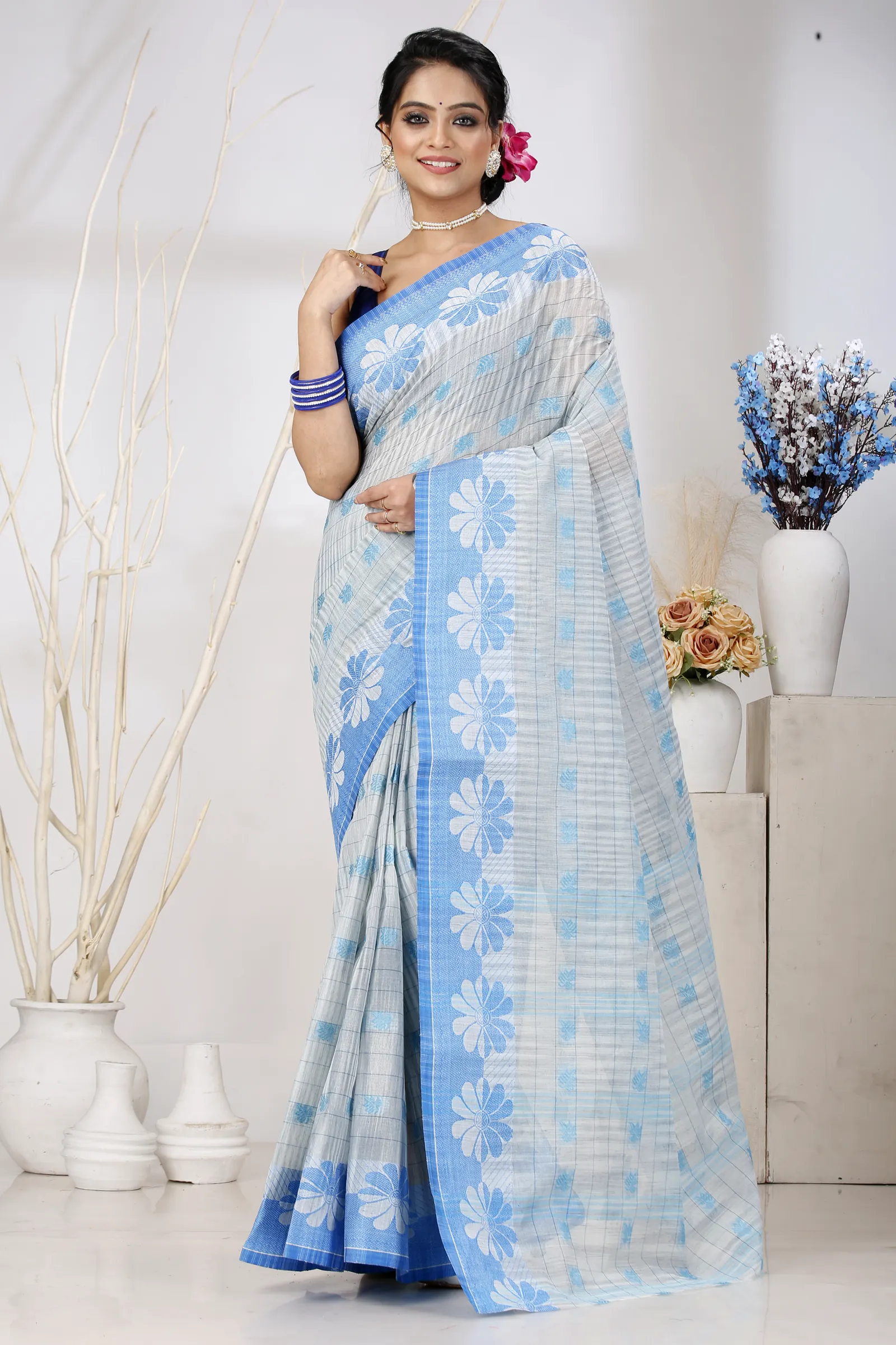 Sky Blue Pure Cotton KotkiTat Tant Saree (893)