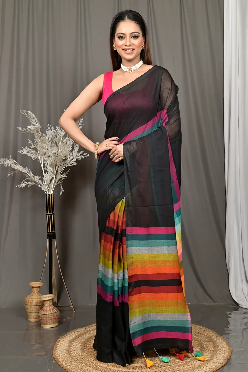 Black Cotton Sounur Handloom Saree  (90)