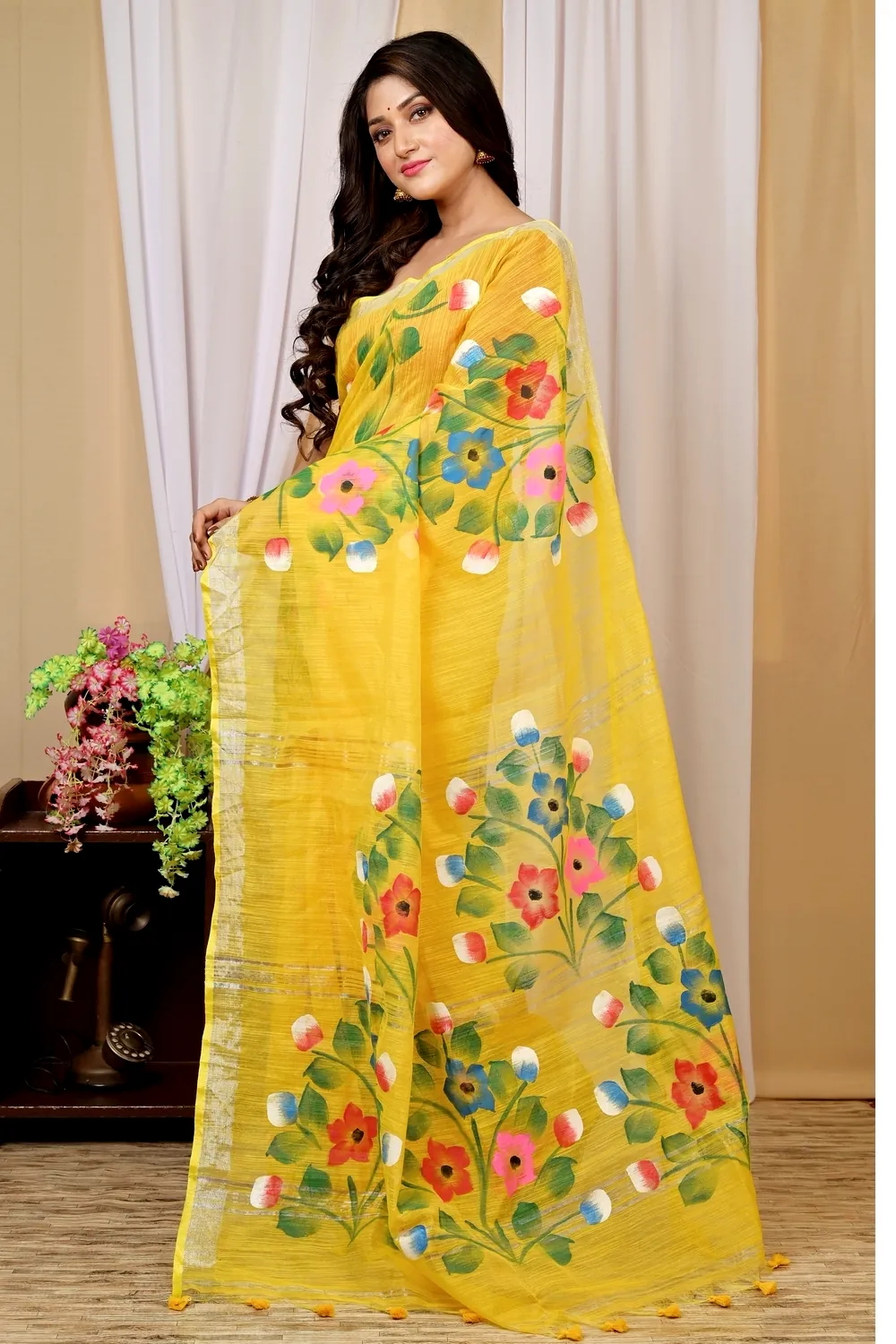 Yellow Blended Cotton Anito Hand Painted Saree (9005)
