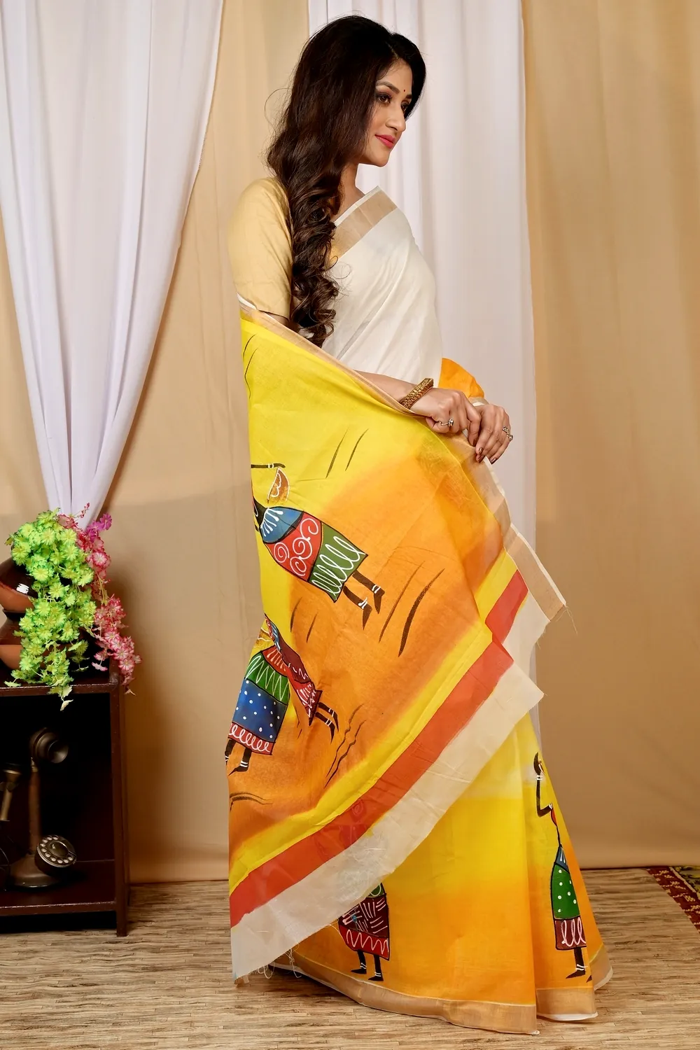 Multi-Coloured Pure Cotton Hataka Hand Painted Saree (9013)