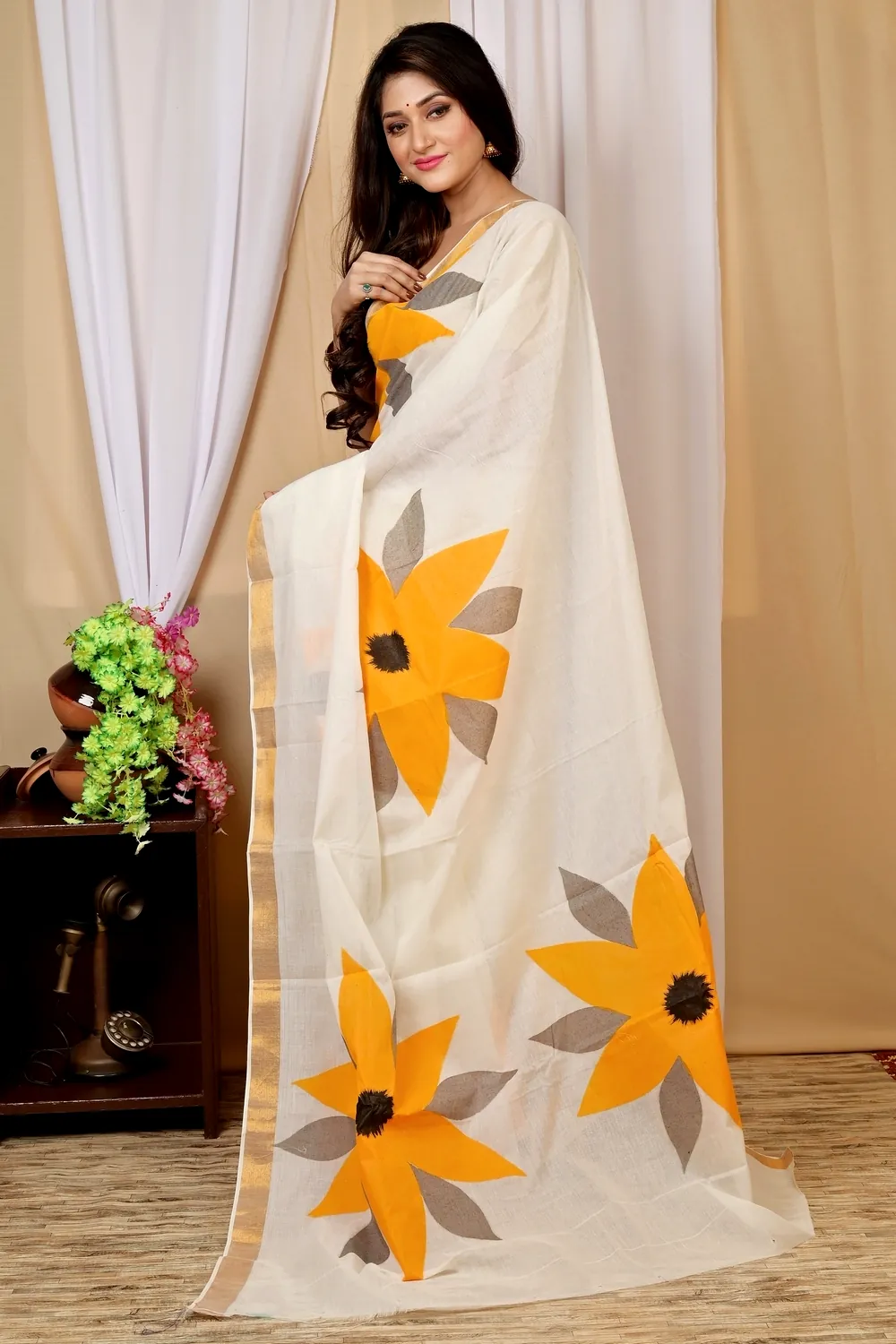 Multi-Coloured Pure Cotton Hataka Hand Painted Saree (9015)