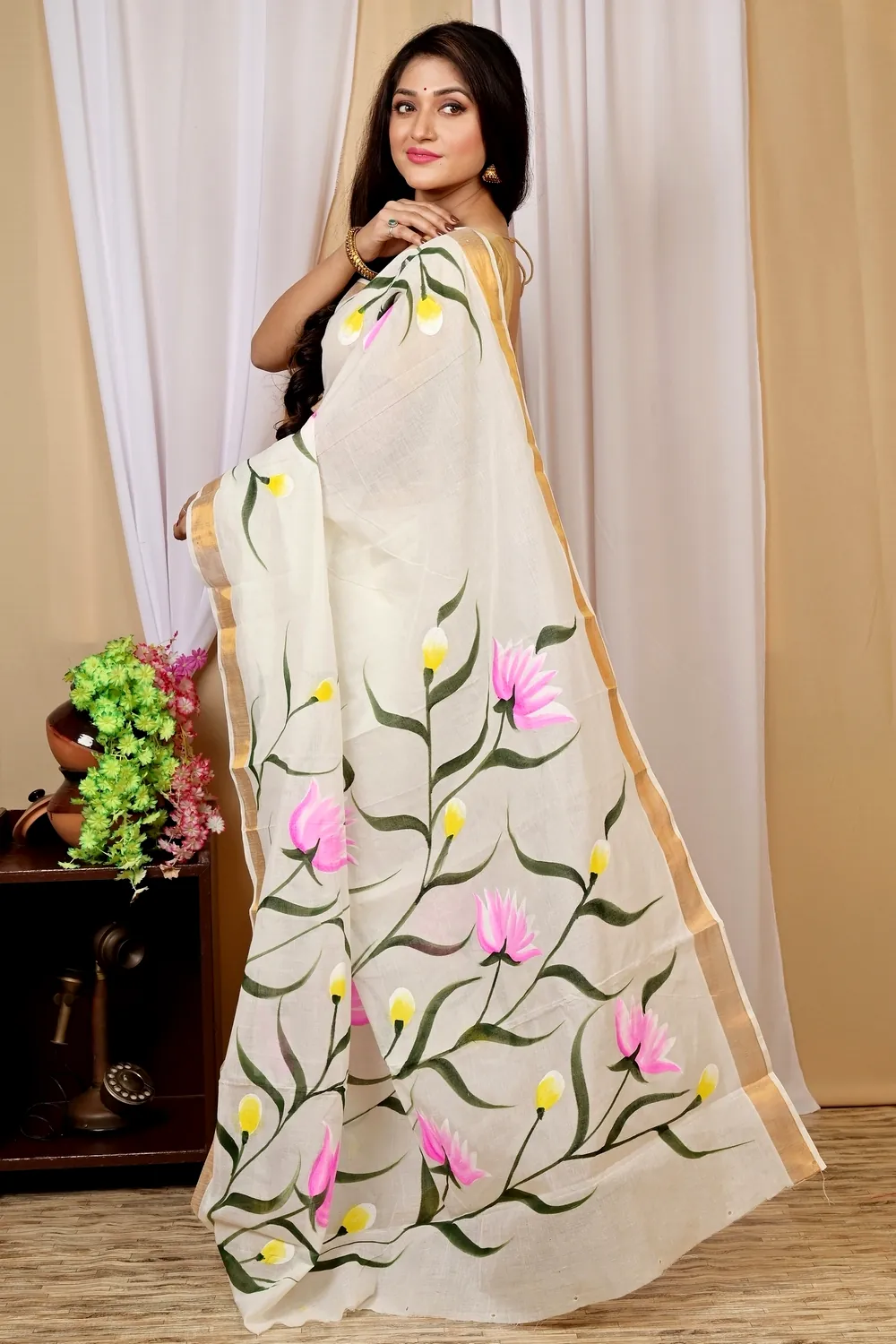 Multi-Coloured Pure Cotton Hataka Hand Painted Saree (9017)