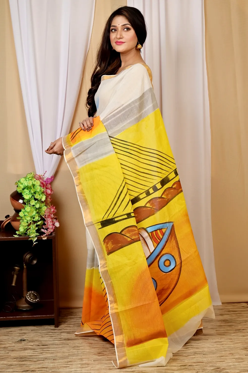 Multi-Coloured Pure Cotton Hataka Hand Painted Saree (9019)