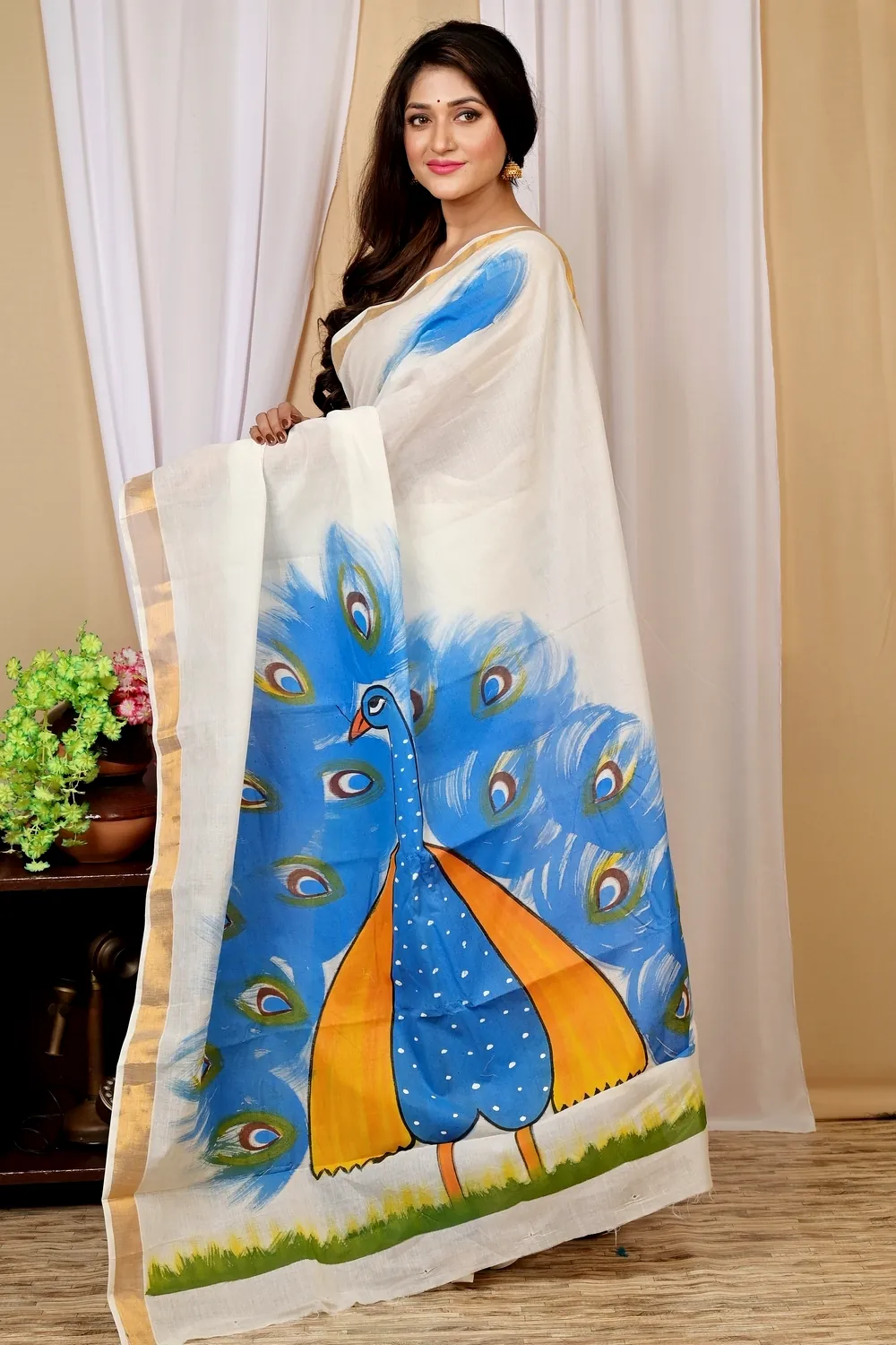 Multi-Coloured Pure Cotton Hataka Hand Painted Saree (9021)