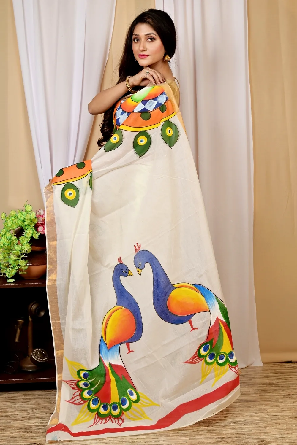 Multi-Coloured Pure Cotton Hataka Hand Painted Saree (9022)