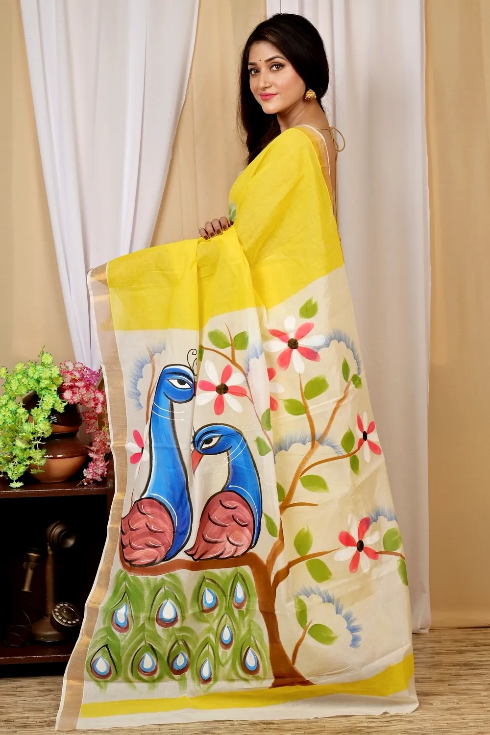 Multi-Coloured Pure Cotton Hataka Hand Painted Saree (9024)