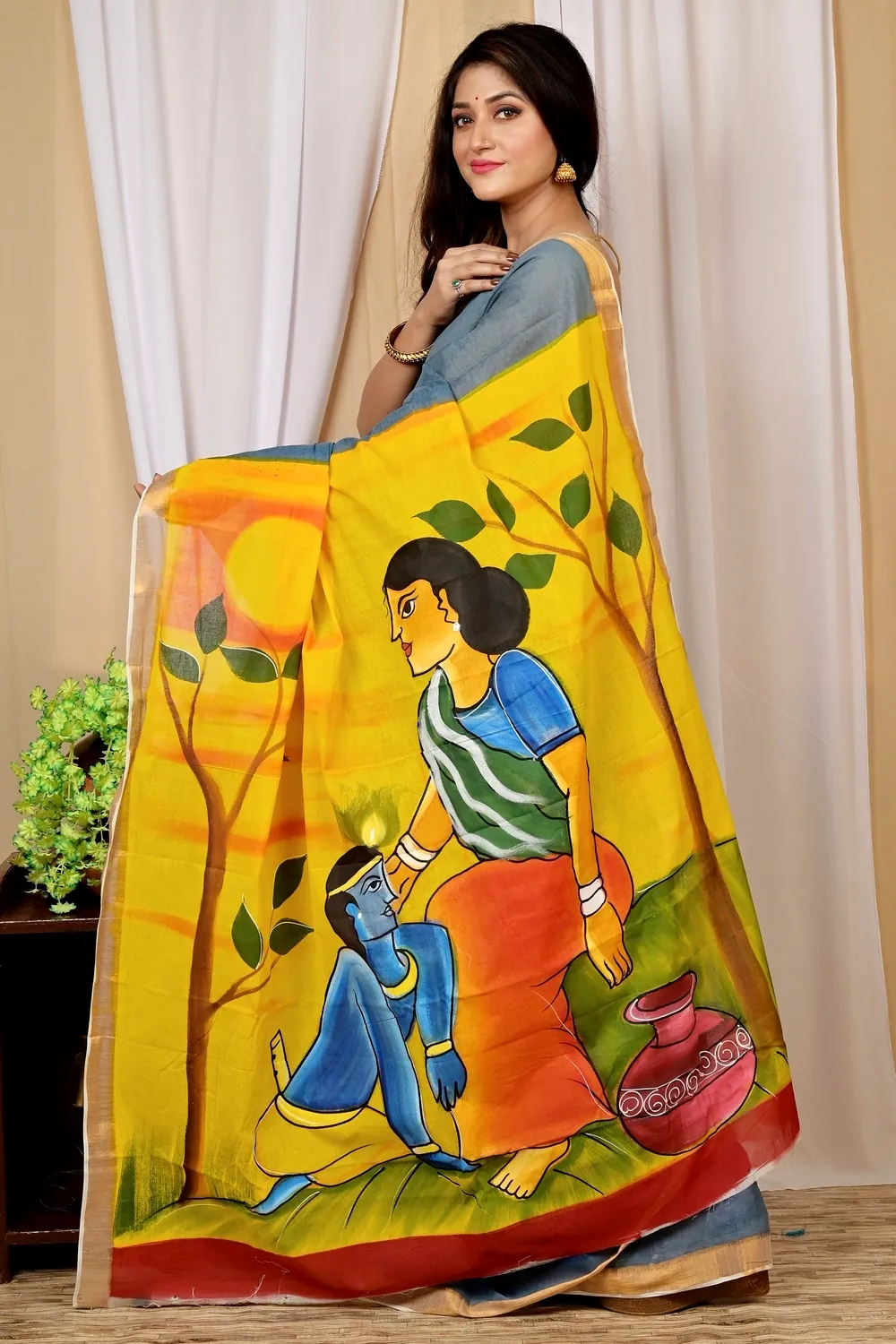 Multi-Coloured Pure Cotton Hataka Hand Painted Saree (9025)