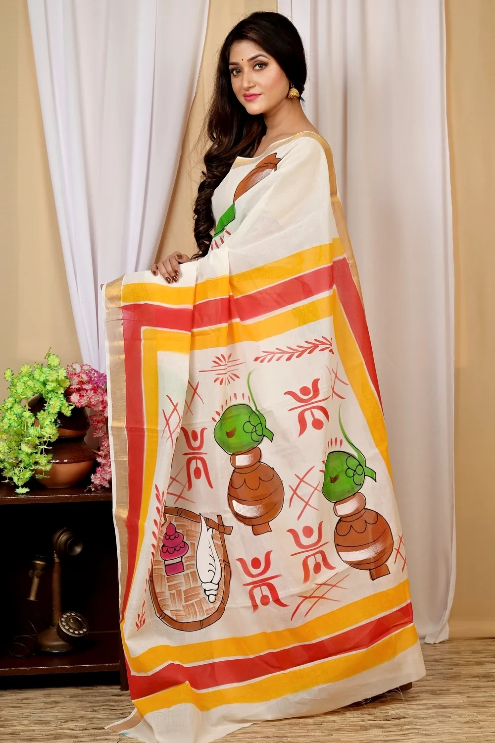 Multi-Coloured Pure Cotton Hataka Hand Painted Saree (9026)