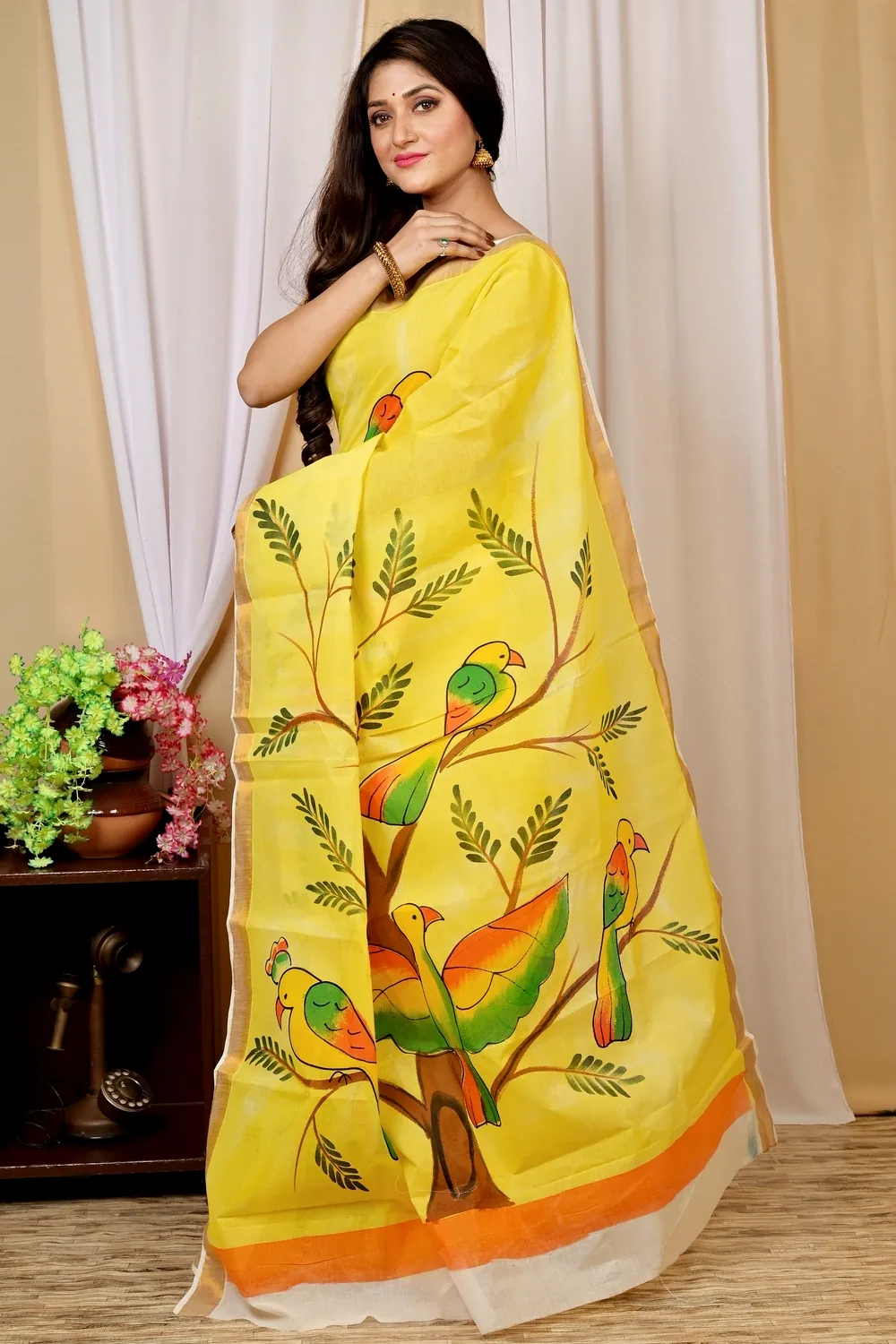 Multi-Coloured Pure Cotton Hataka Hand Painted Saree (9028)