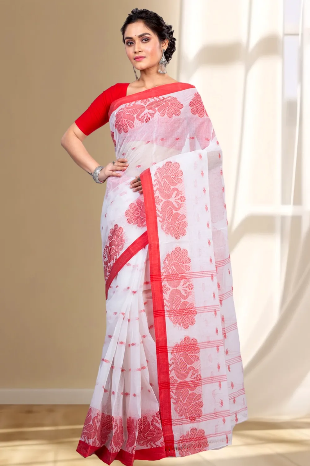 White Pure Cotton MOYUR PAR Tant Saree (903)