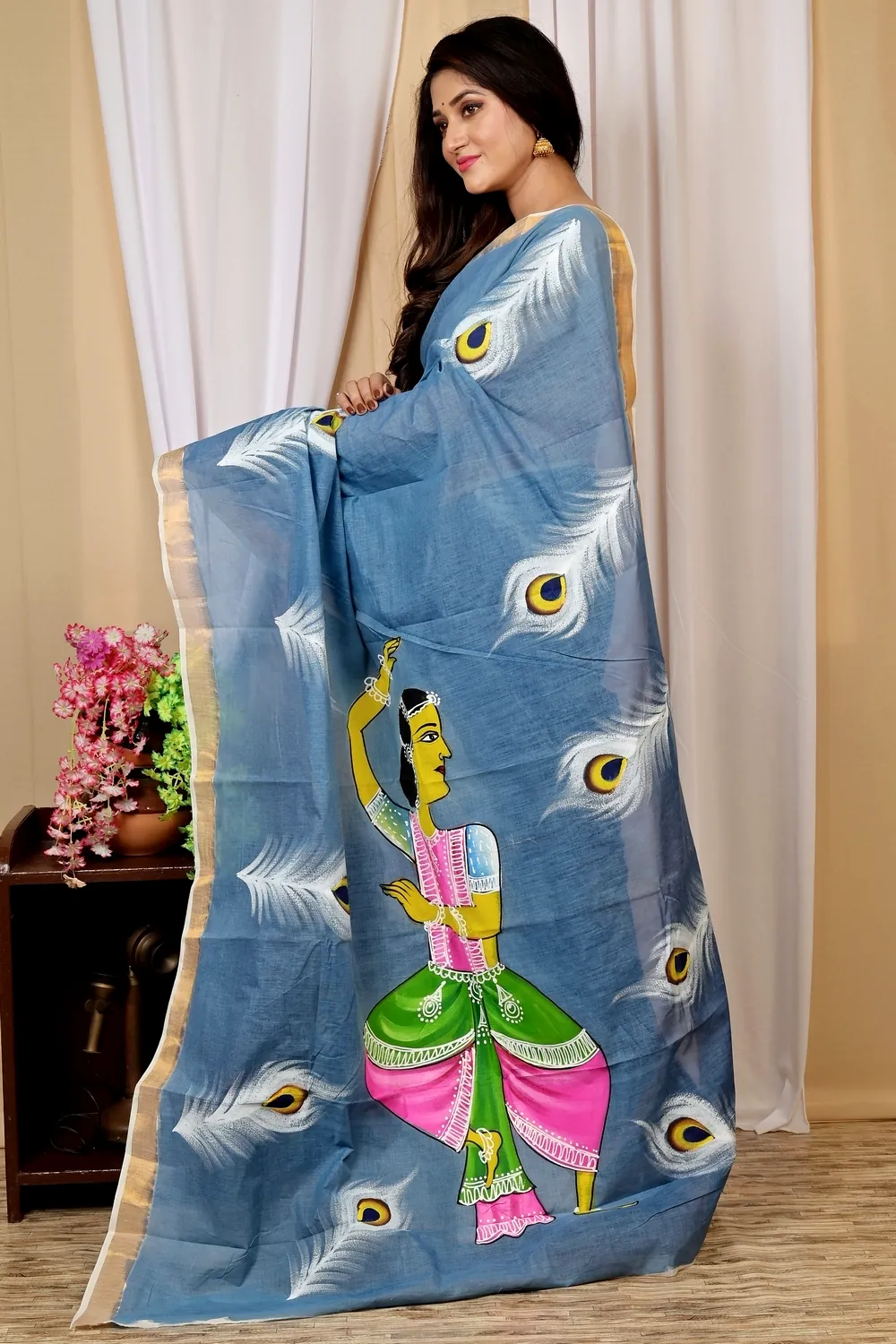 Multi-Coloured Pure Cotton Hataka Hand Painted Saree (9032)