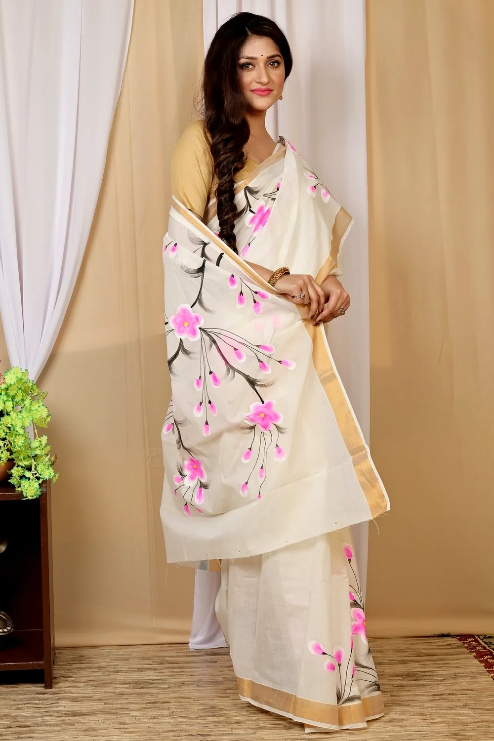 Multi-Coloured Pure Cotton Hataka Hand Painted Saree (9034)