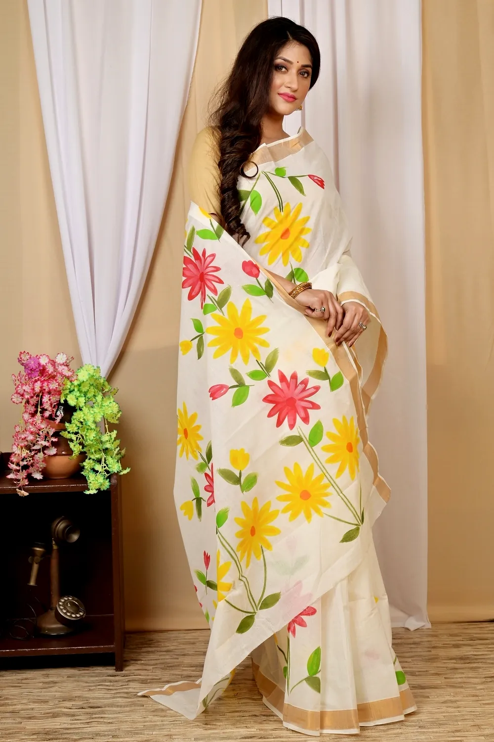 Multi-Coloured Pure Cotton Hataka Hand Painted Saree (9035)