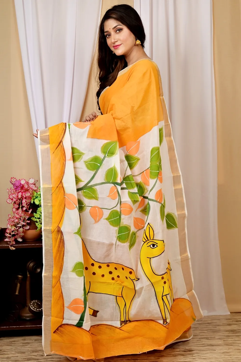 Multi-Coloured Pure Cotton Hataka Hand Painted Saree (9036)