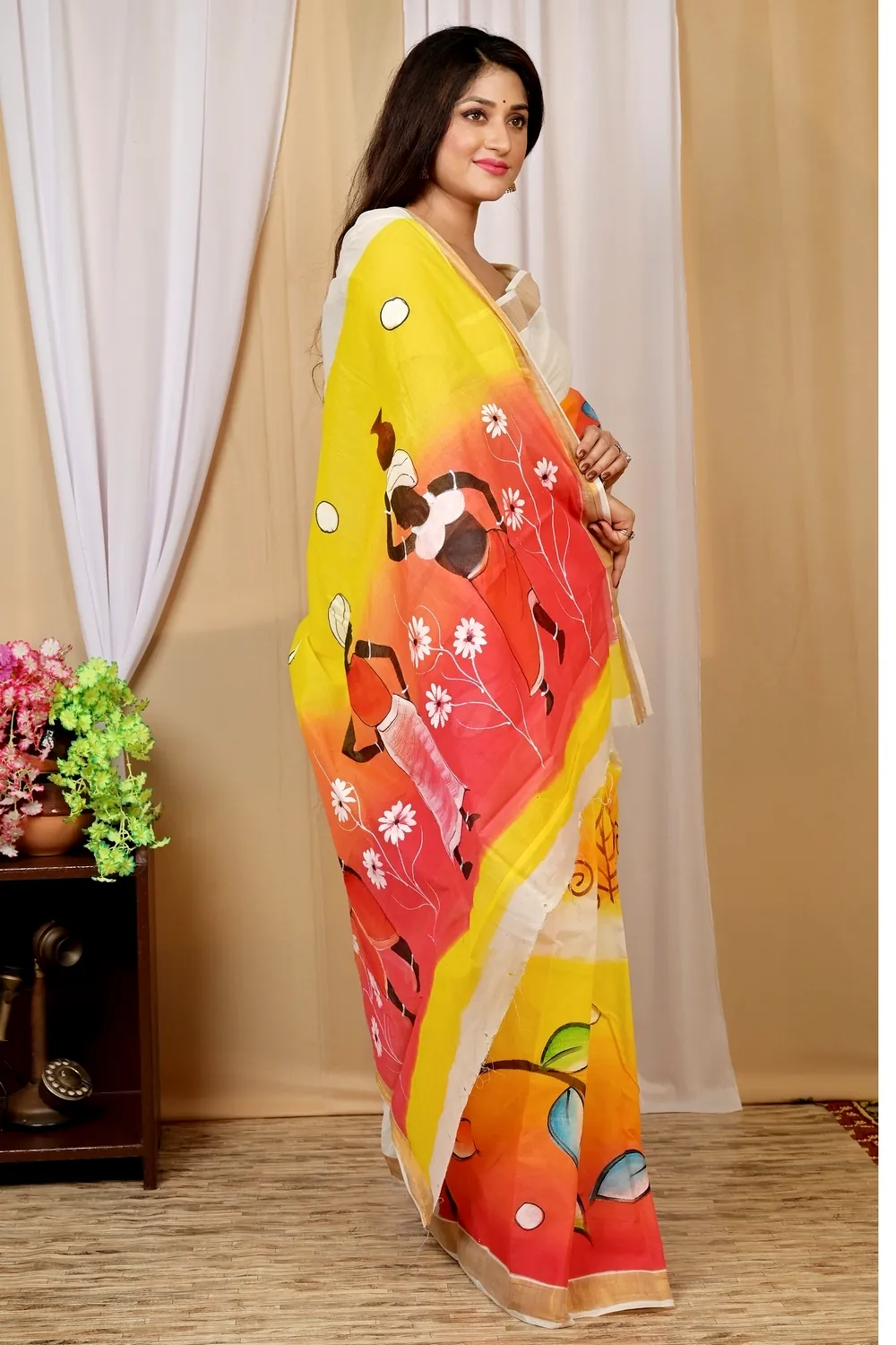 Multi-Coloured Pure Cotton Hataka Hand Painted Saree (9039)