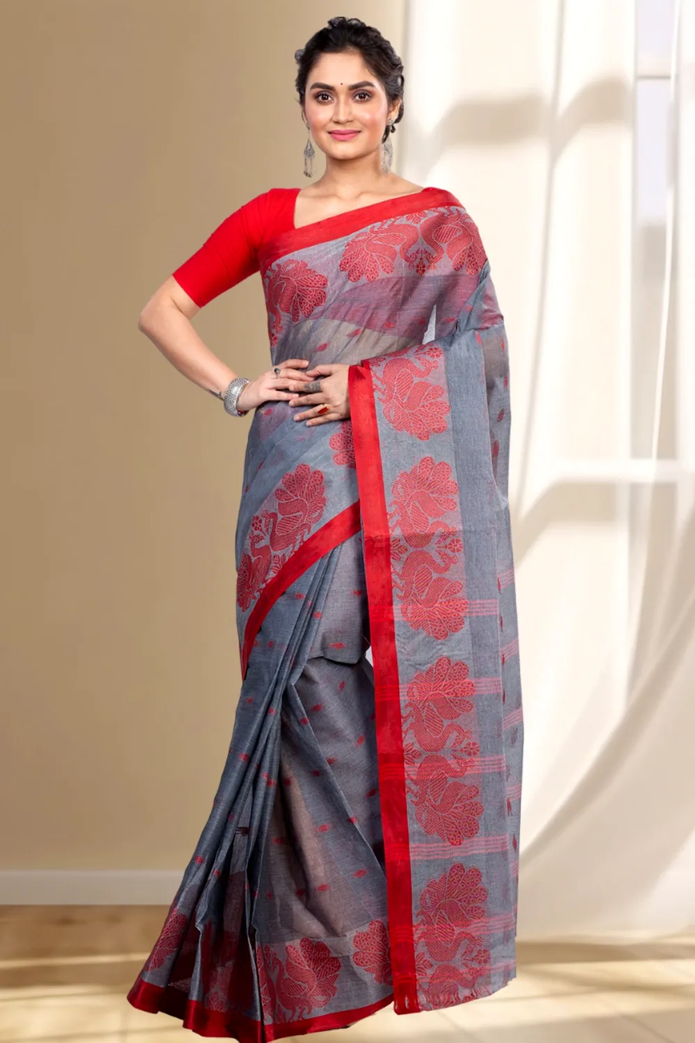Gray Pure Cotton MOYUR PAR Tant Saree (904)