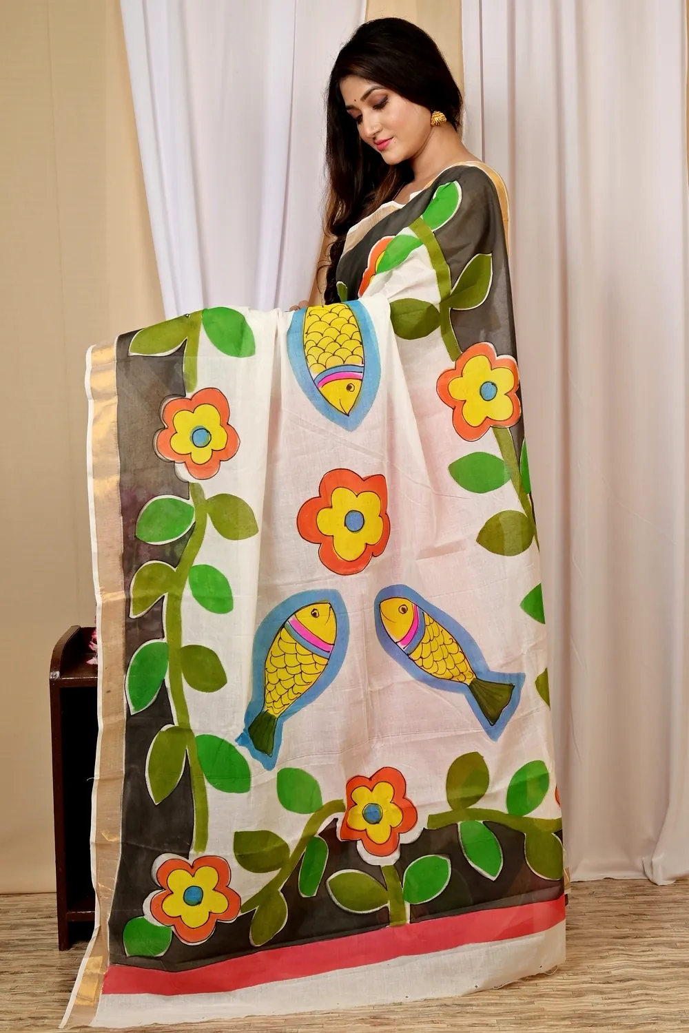 Multi-Coloured Pure Cotton Hataka Hand Painted Saree (9040)