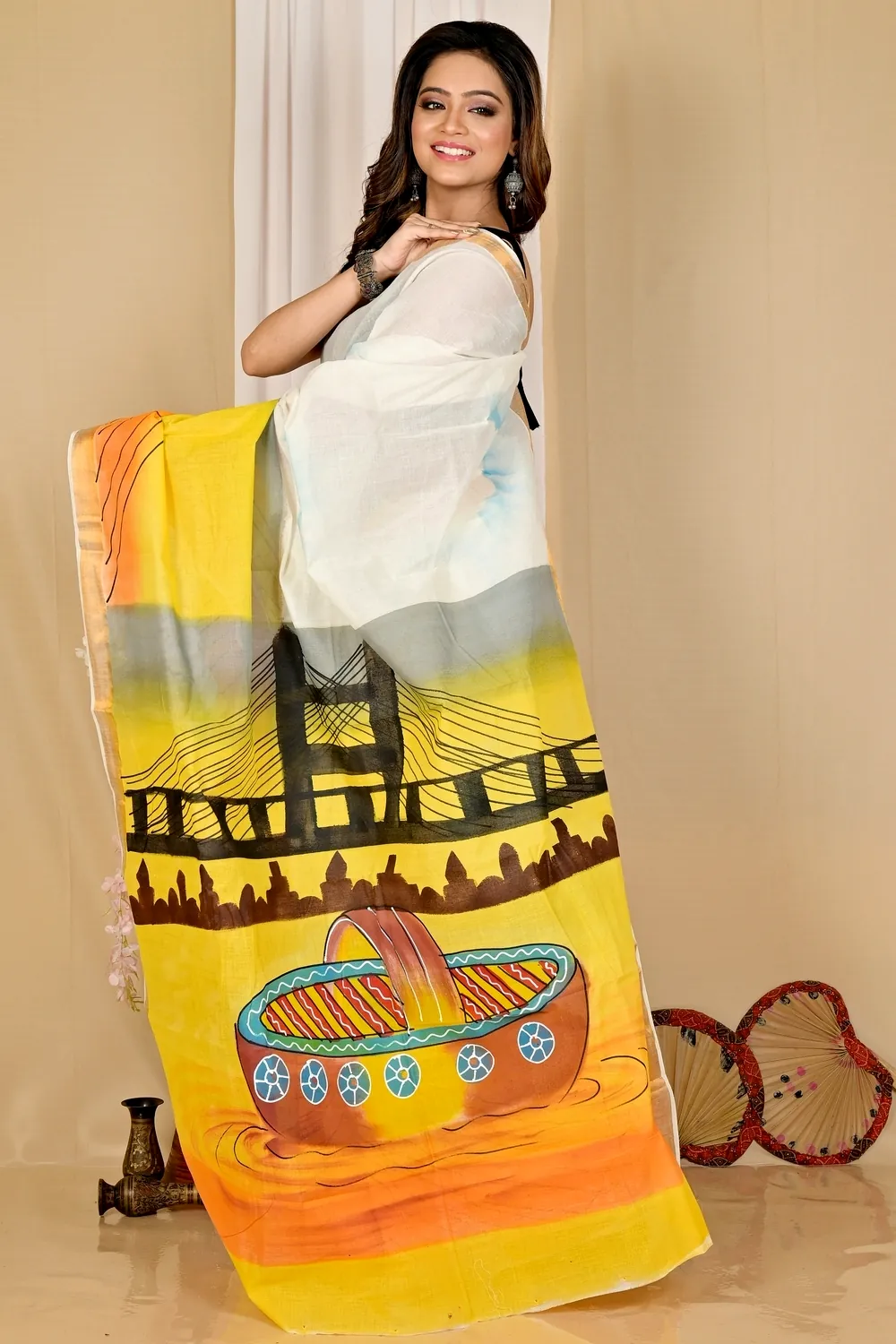 Multi-Coloured Pure Cotton Hataka Hand Painted Saree (9042)