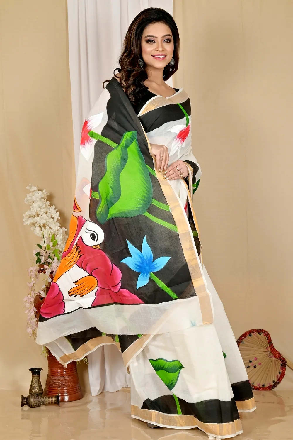 Multi-Coloured Pure Cotton Hataka Hand Painted Saree (9044)