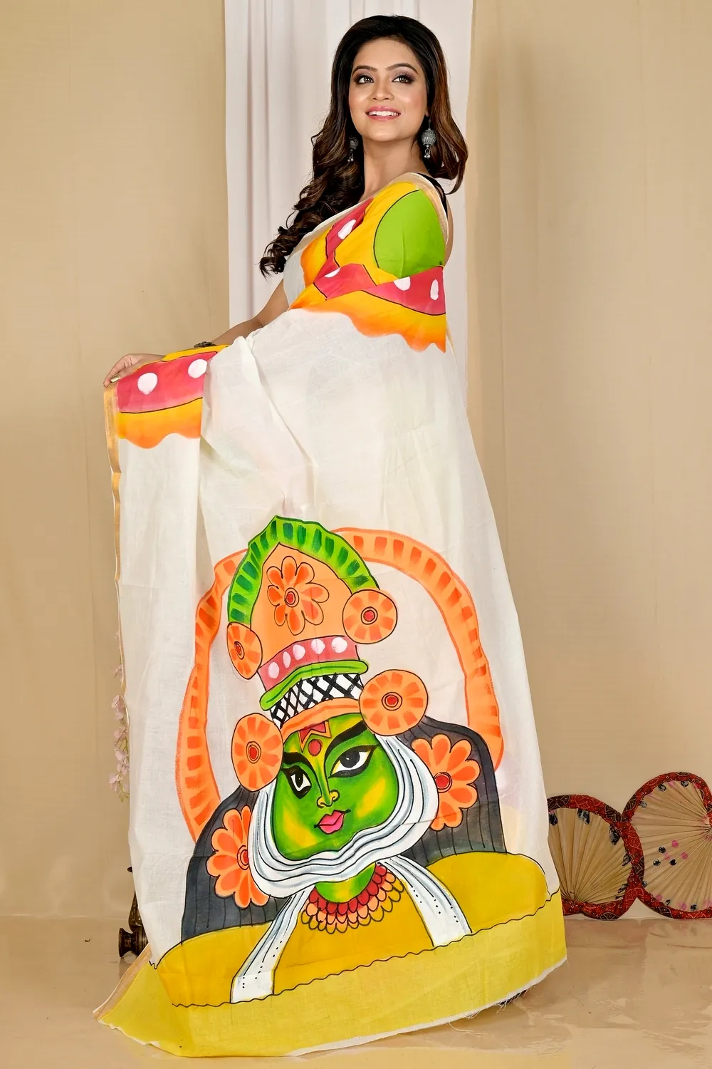 Multi-Coloured Pure Cotton Hataka Hand Painted Saree (9045)