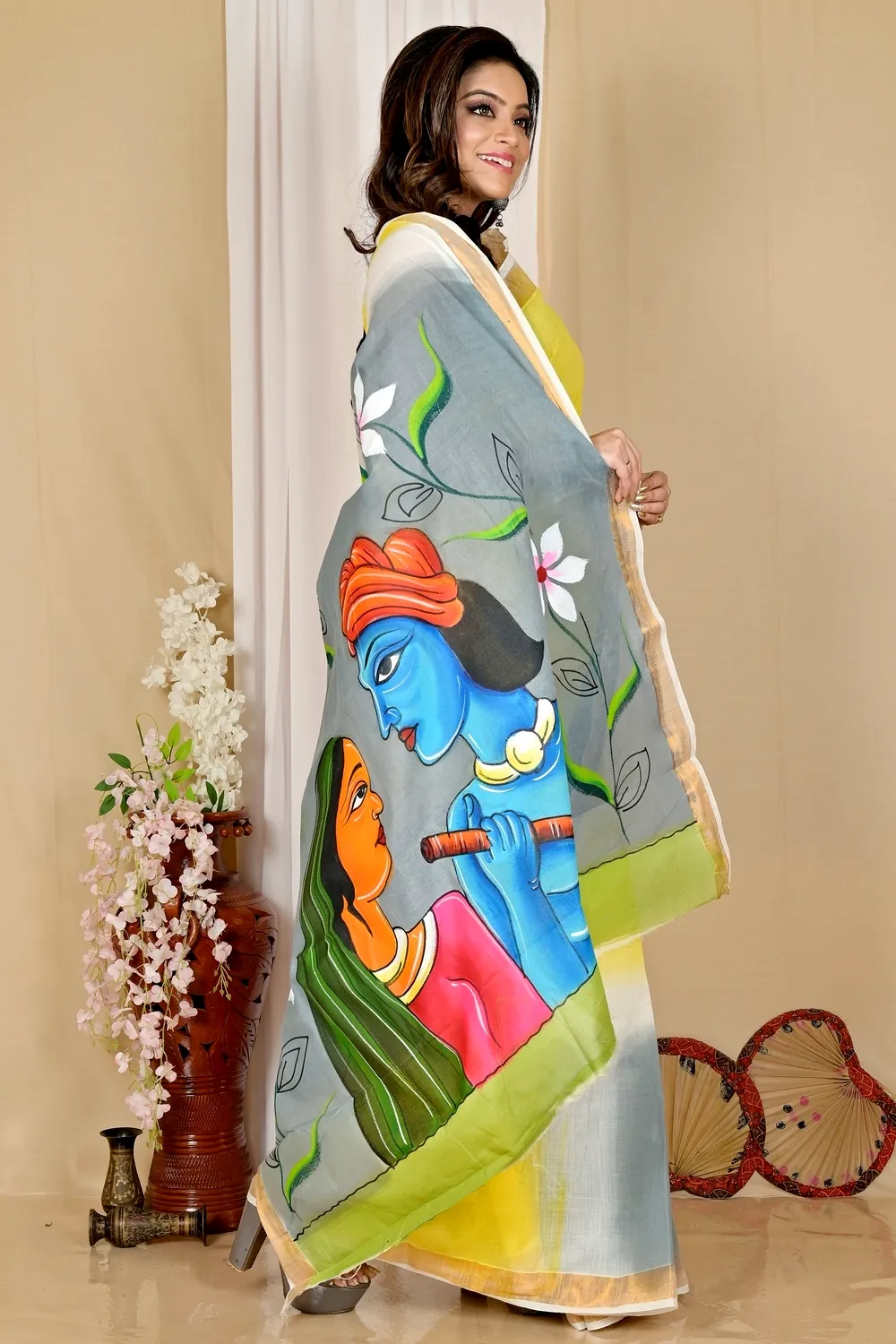 Multi-Coloured Pure Cotton Hataka Hand Painted Saree (9046)