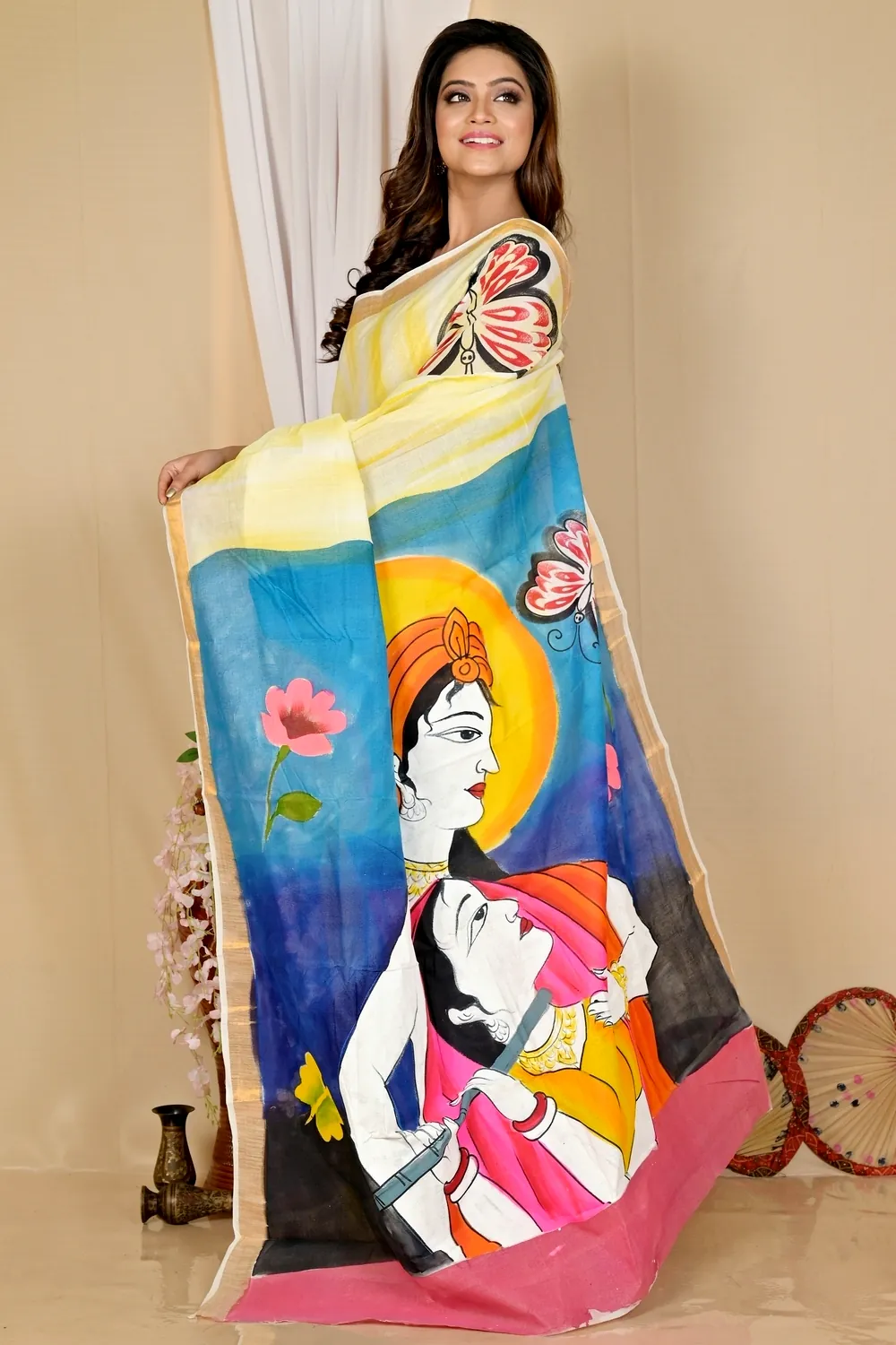 Multi-Coloured Pure Cotton Hataka Hand Painted Saree (9047)