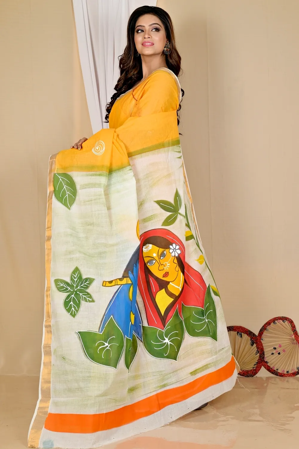 Multi-Coloured Pure Cotton Hataka Hand Painted Saree (9048)