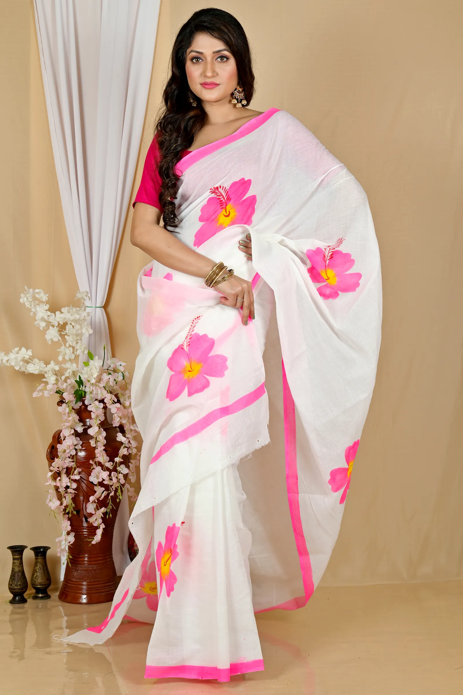 Multi-Coloured Pure Cotton Hataka Hand Painted Saree (9052)