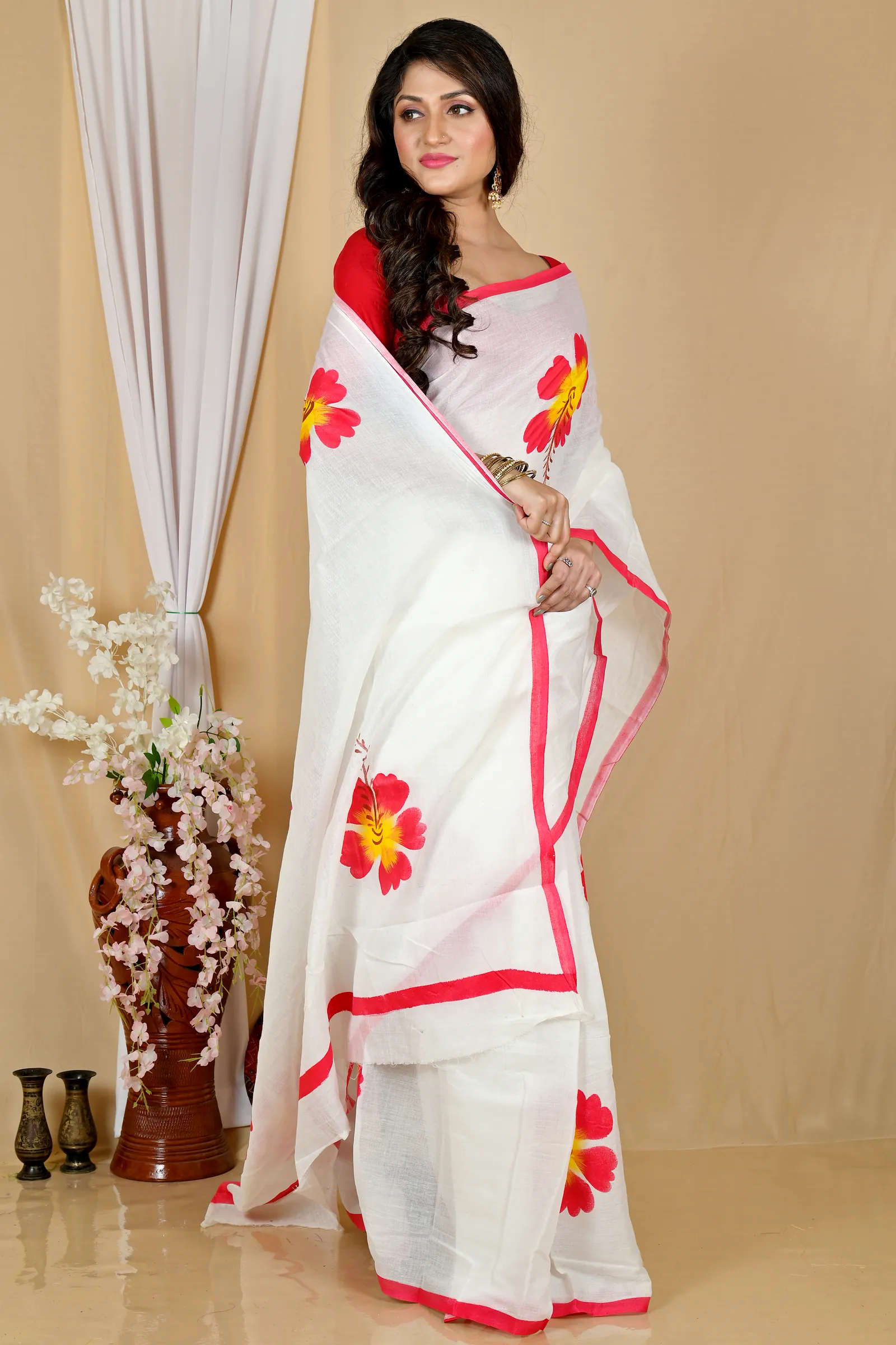 Multi-Coloured Pure Cotton Hataka Hand Painted Saree (9053)