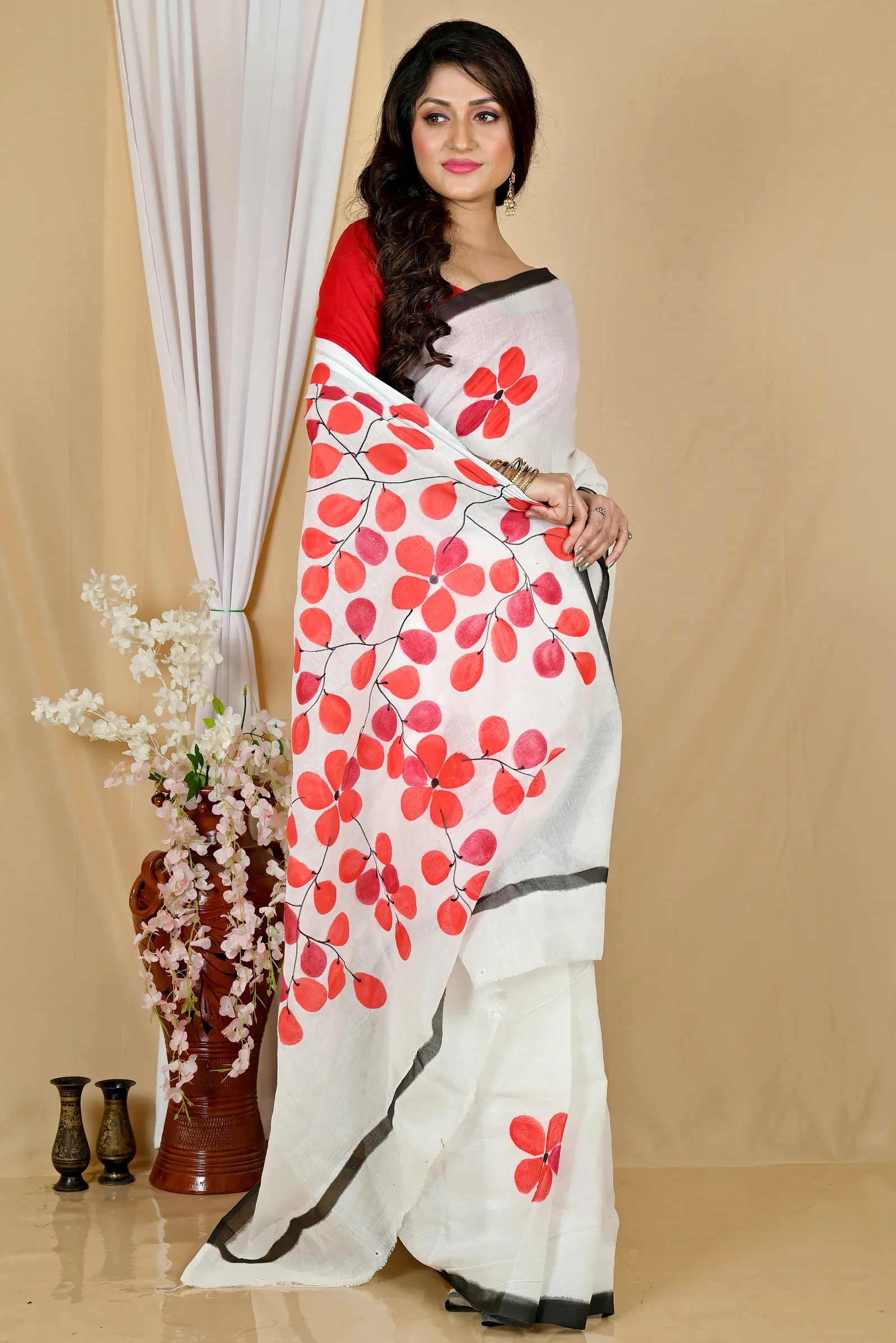 Multi-Coloured Pure Cotton Hataka Hand Painted Saree (9056)