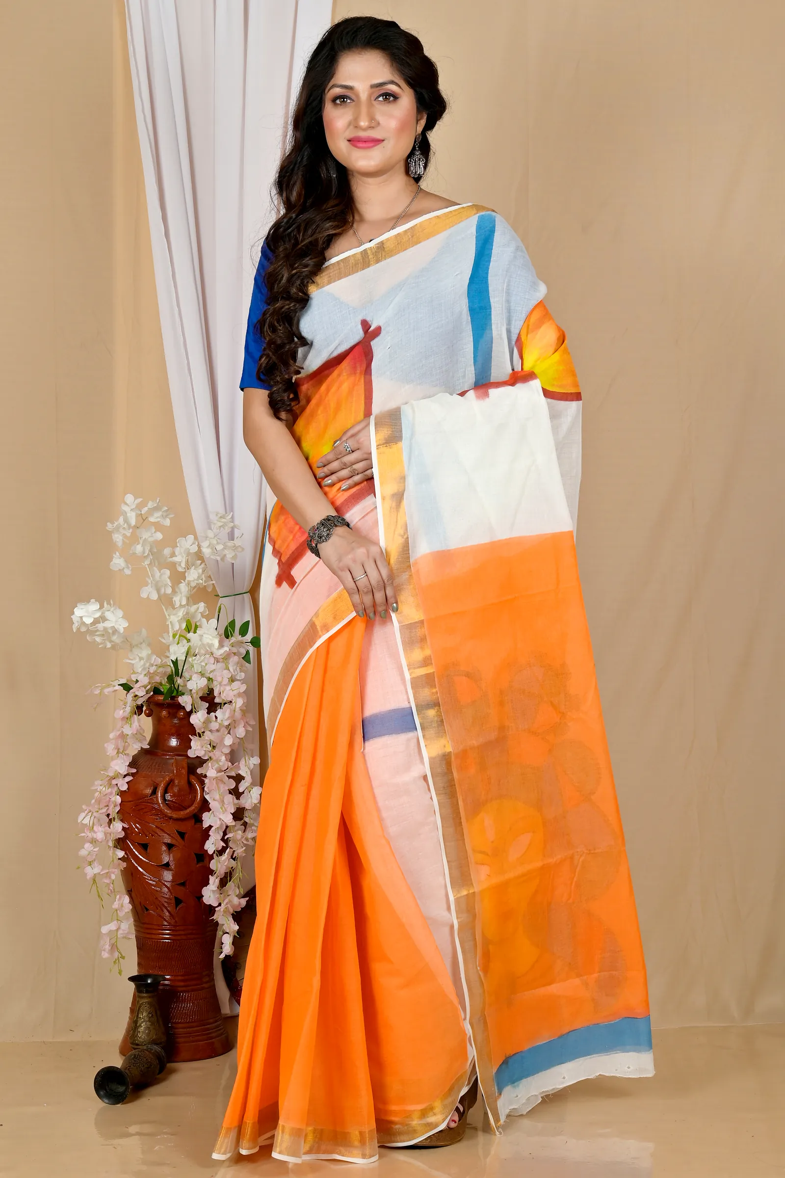 Multi-Coloured Pure Cotton Hataka Hand Painted Saree (9060)