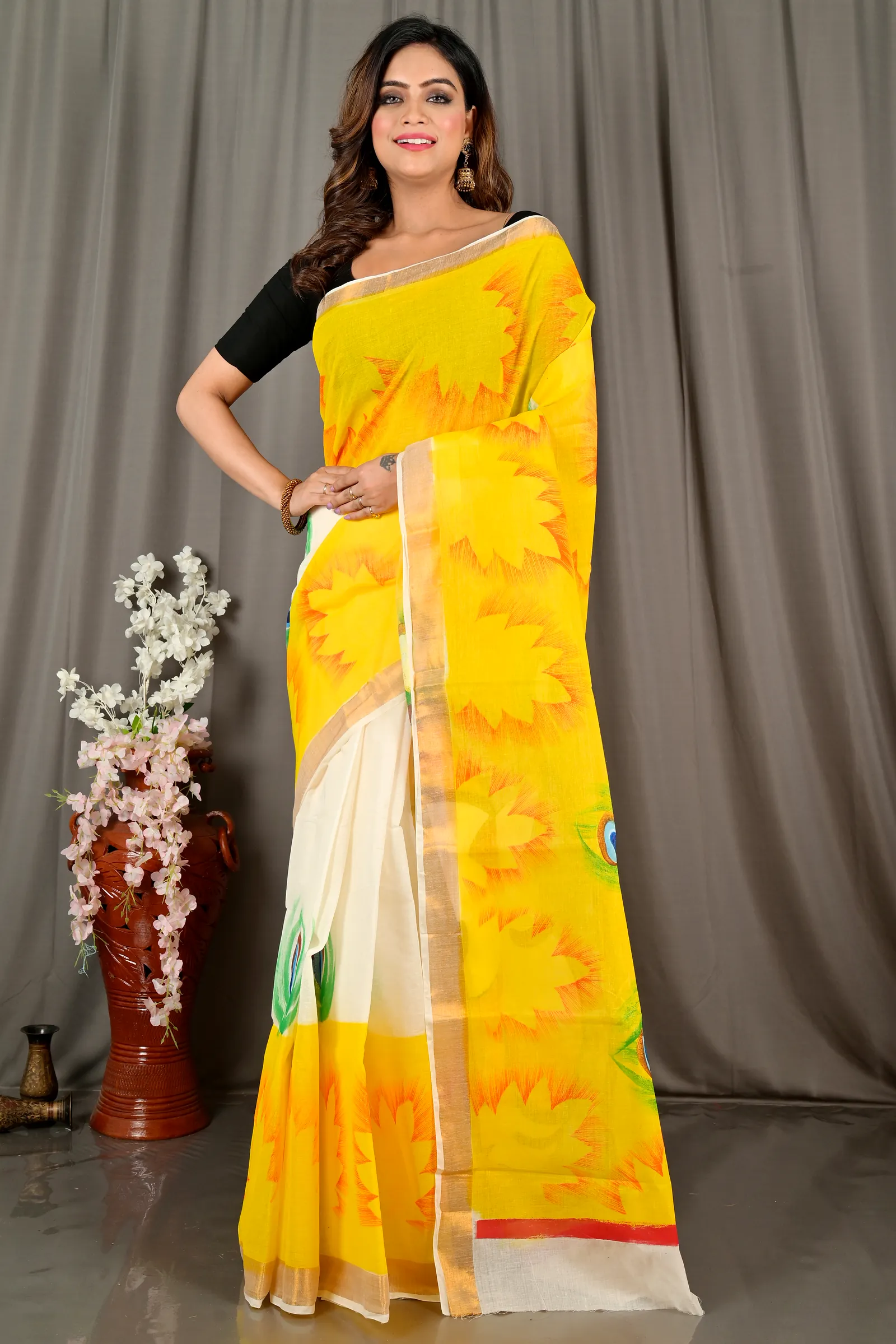 Yellow White Pure Cotton Hataka Hand Painted Saree (9069)