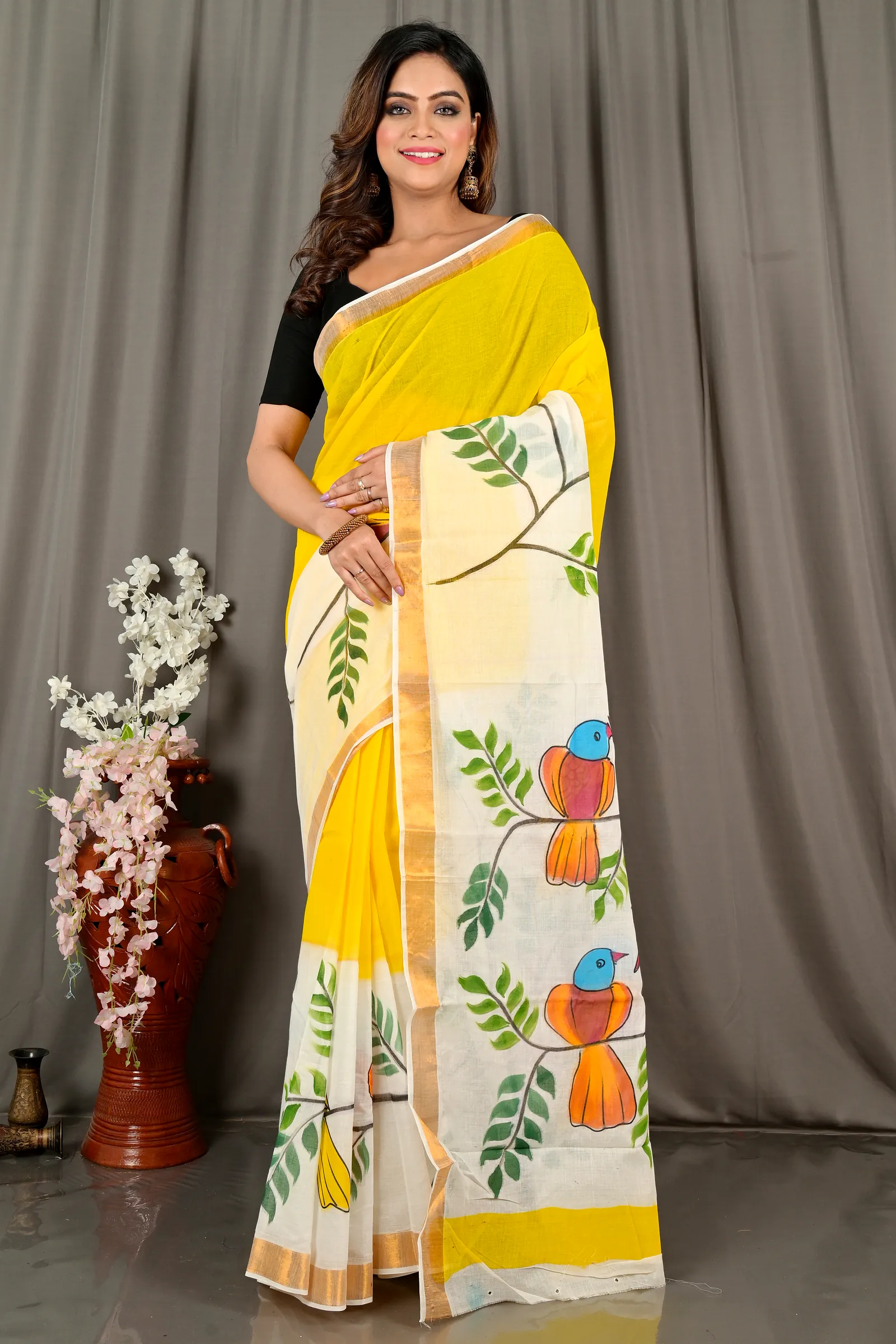 Multi-Coloured Pure Cotton Hataka Hand Painted Saree (9070)