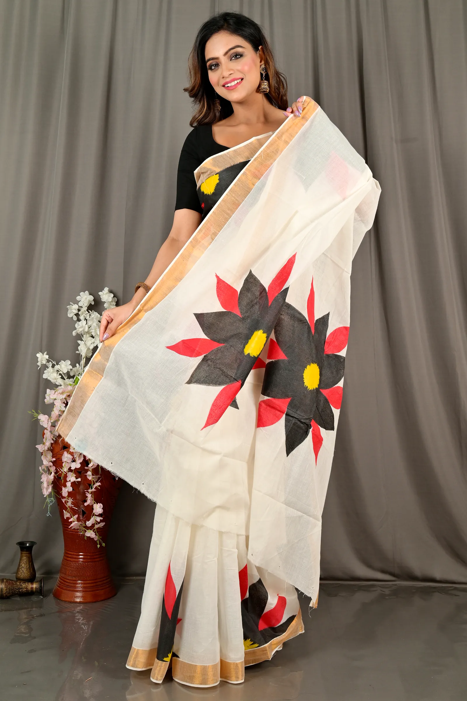 White Black Pure Cotton Hataka Hand Painted Saree (9071)