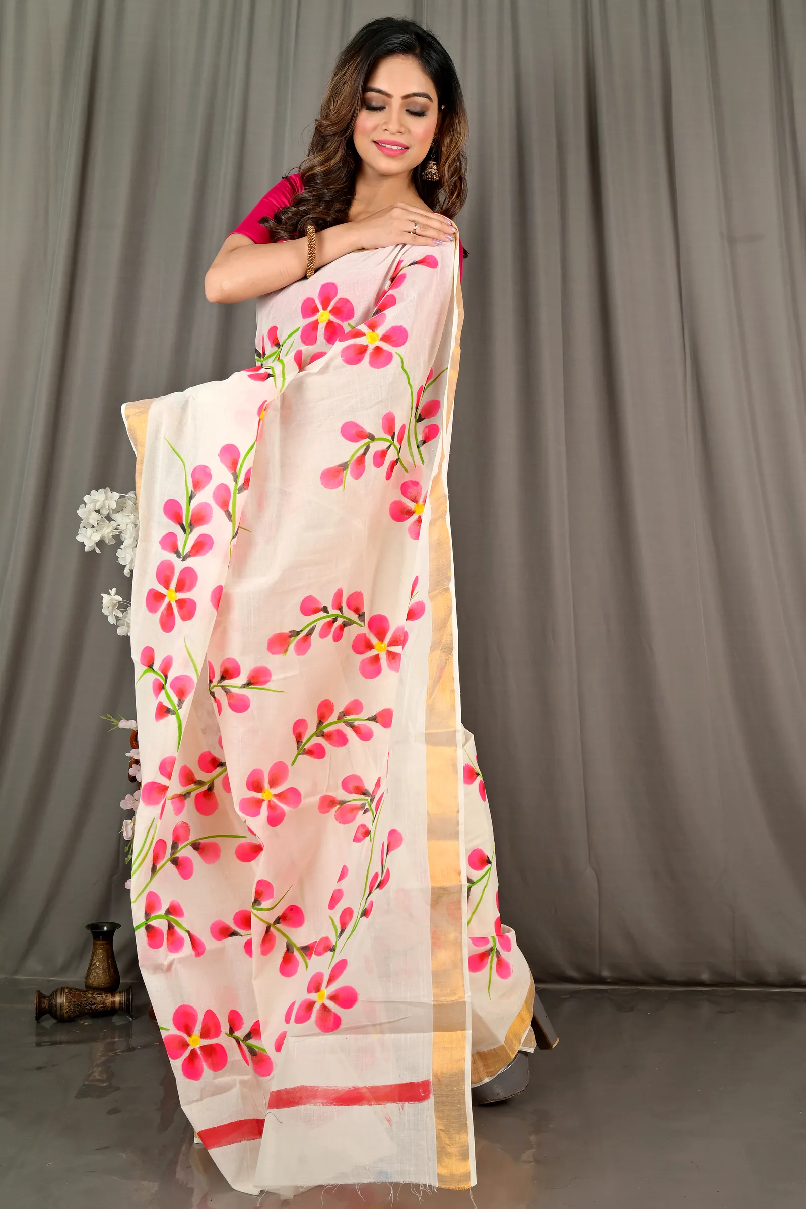 Multi-Coloured Pure Cotton Hataka Hand Painted Saree (9073)