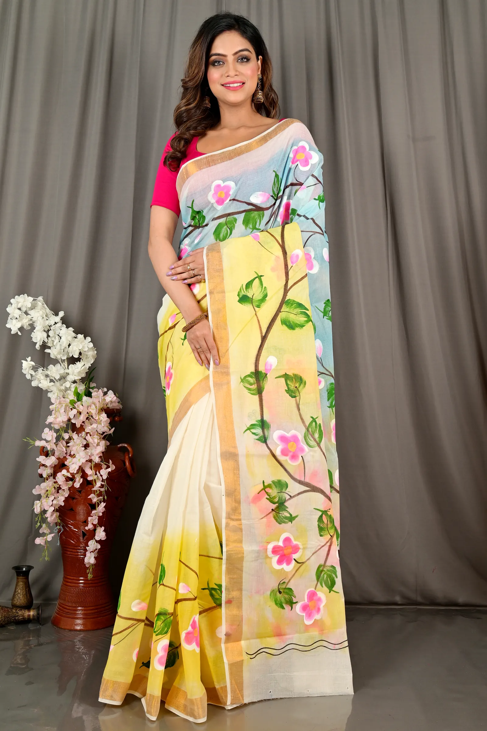 Multi-Coloured Pure Cotton Hataka Hand Painted Saree (9074)