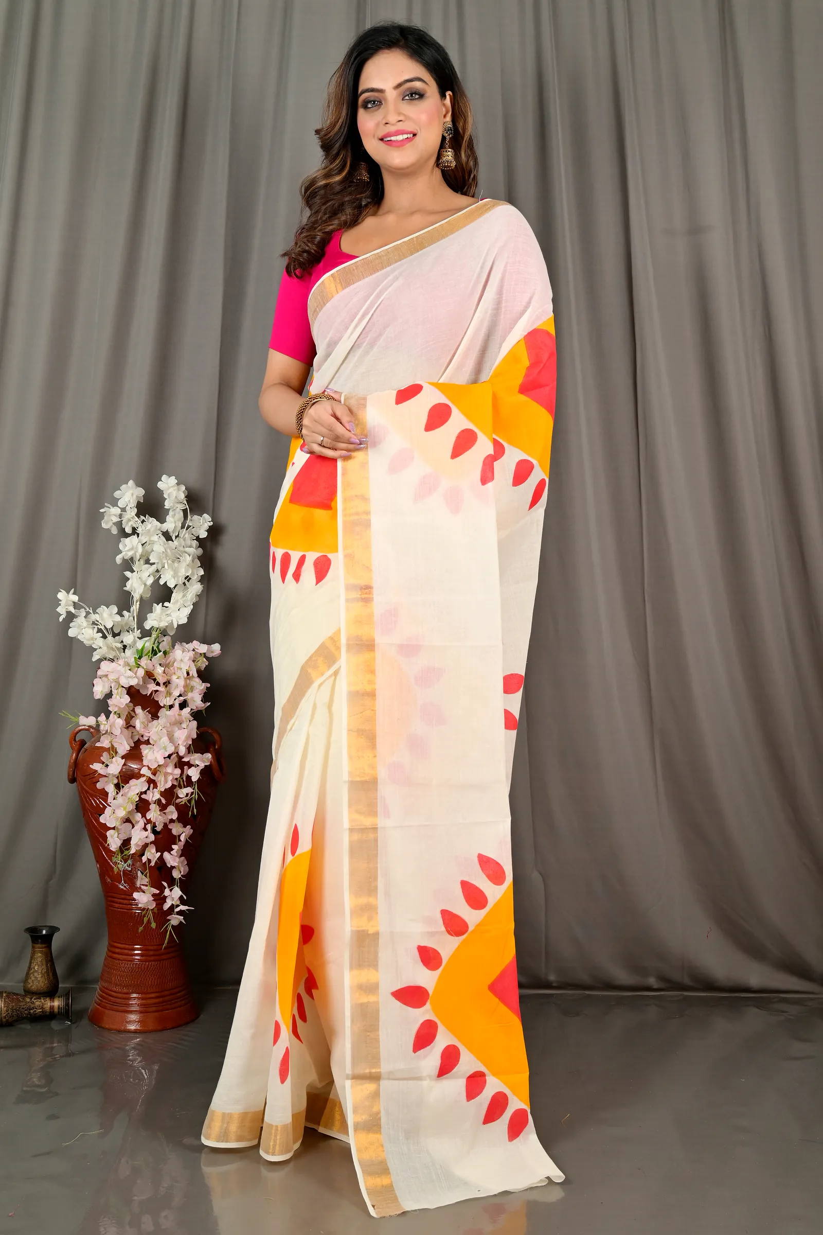 Multi-Coloured Pure Cotton Hataka Hand Painted Saree (9077)