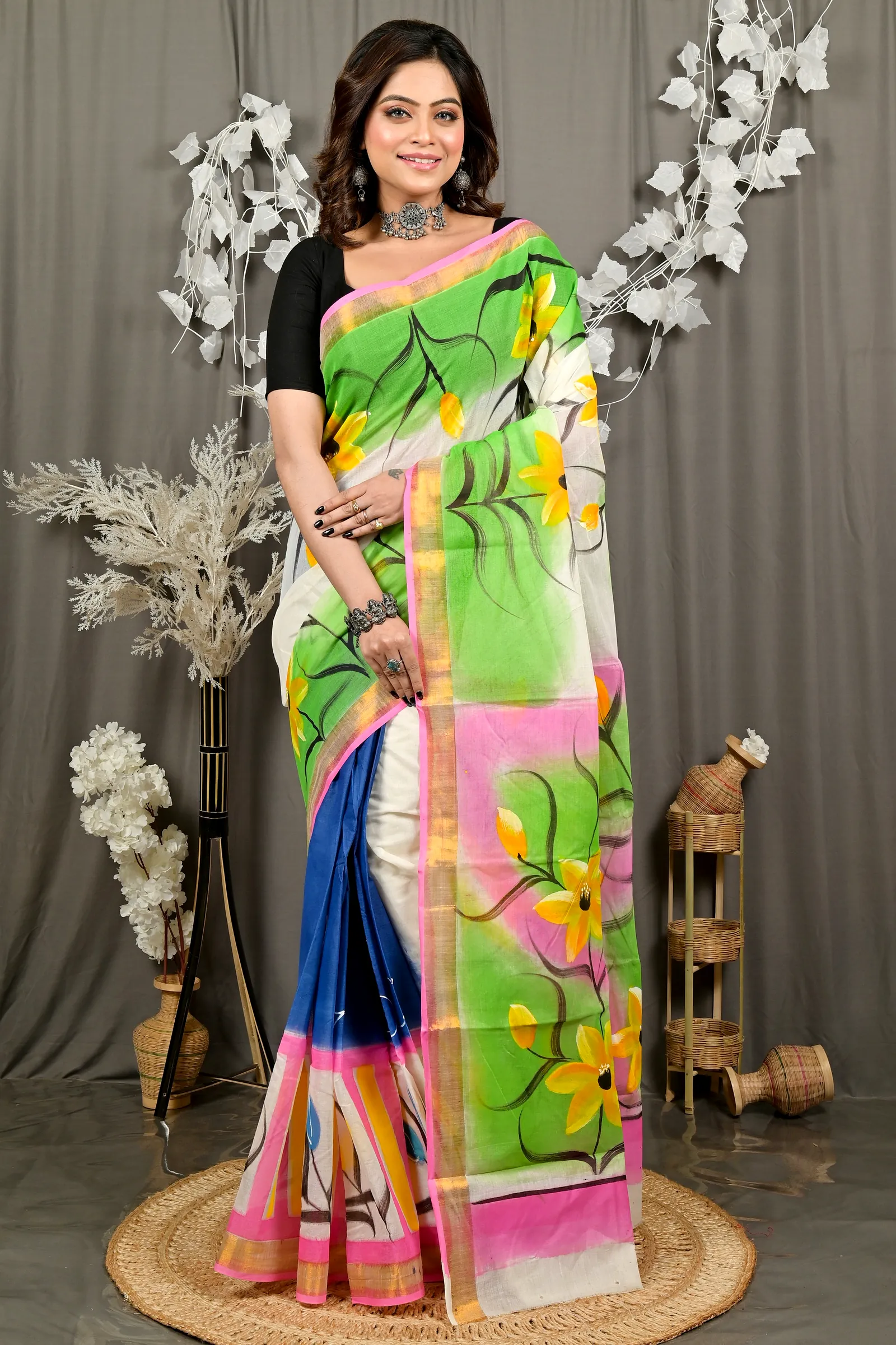 Multi-Coloured Pure Cotton Hataka Hand Painted Saree (9078)