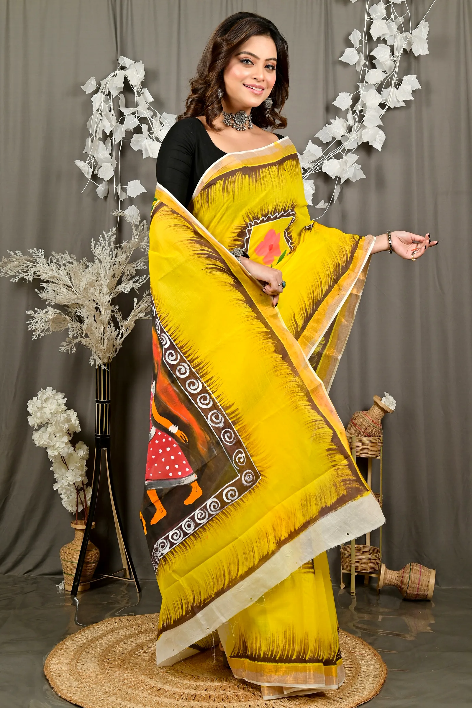 Yellow Pure Cotton Hataka Hand Painted Saree (9080)