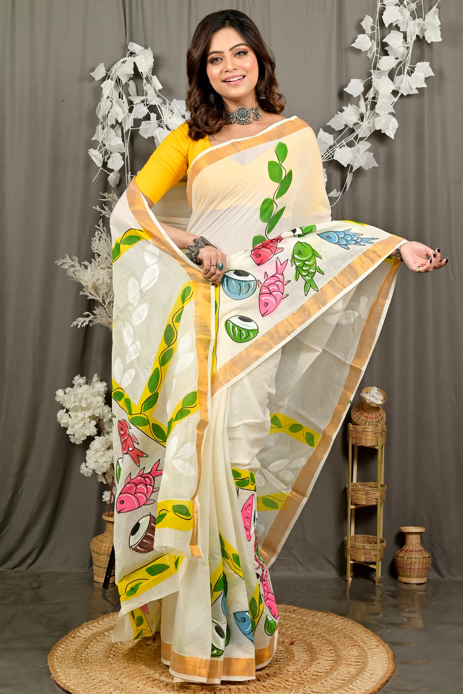 Multi-Coloured Pure Cotton Hataka Hand Painted Saree (9081)