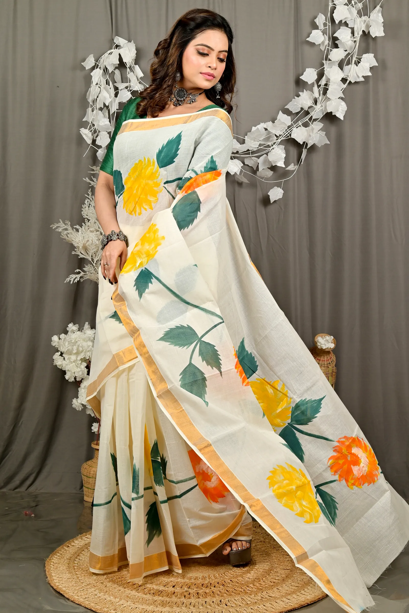 Multi-Coloured Pure Cotton Hataka Hand Painted Saree (9091)