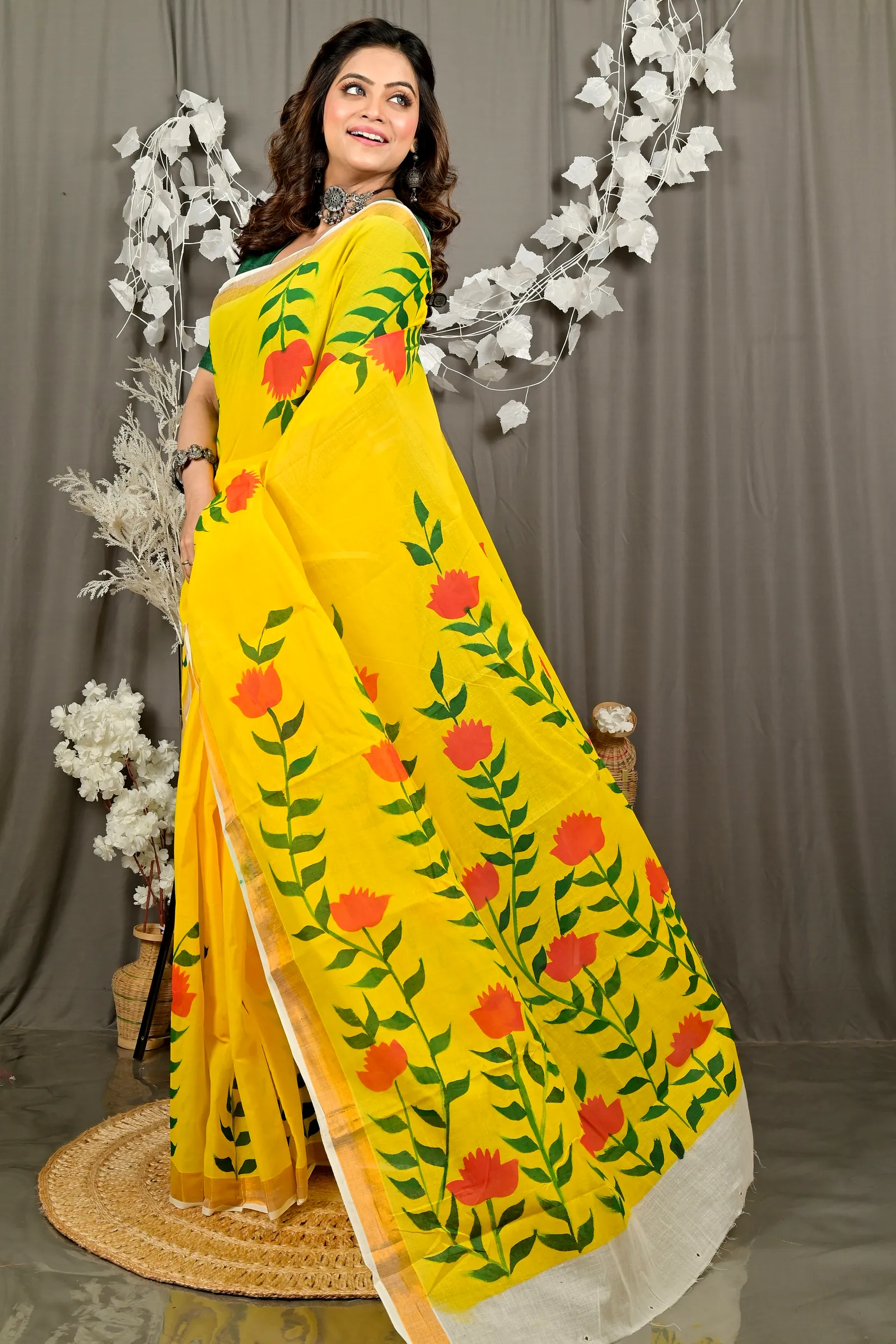 Yellow Pure Cotton Hataka Hand Painted Saree (9092)