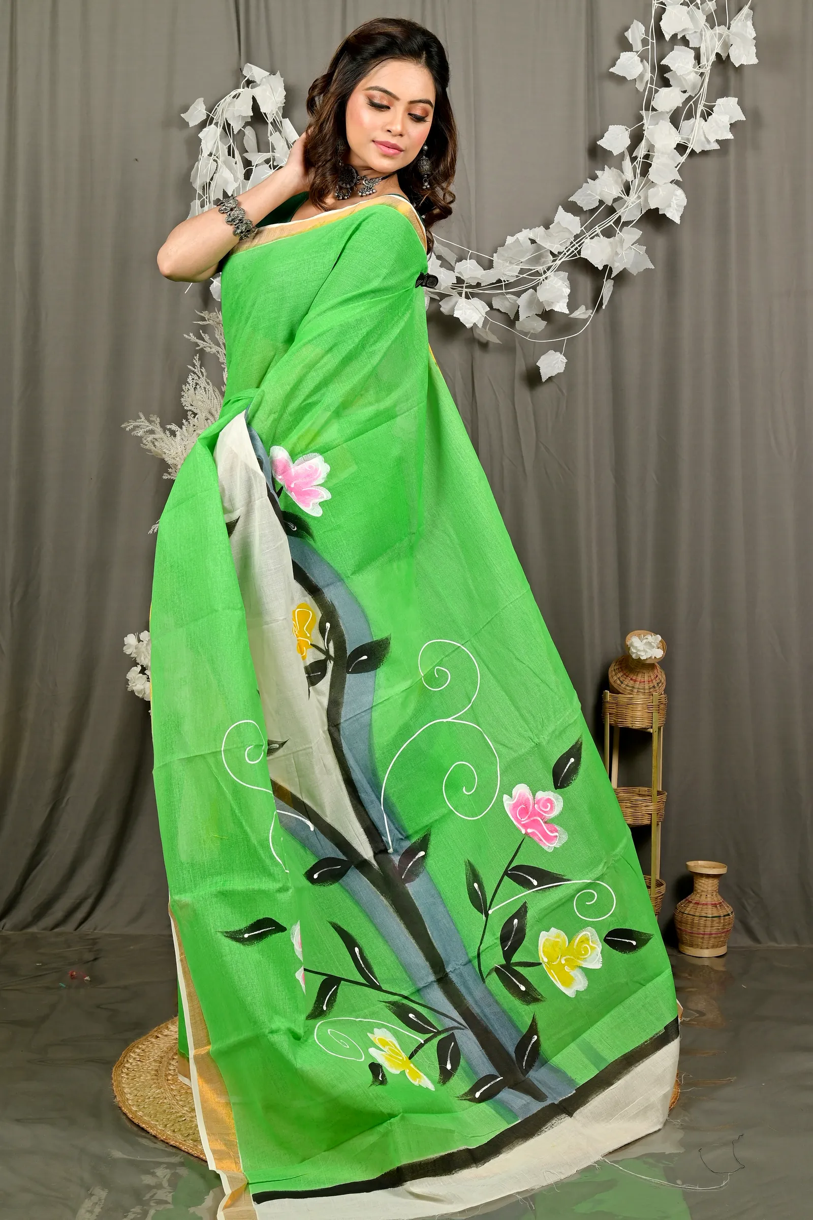 Green Pure Cotton Hataka Hand Painted Saree (9093)