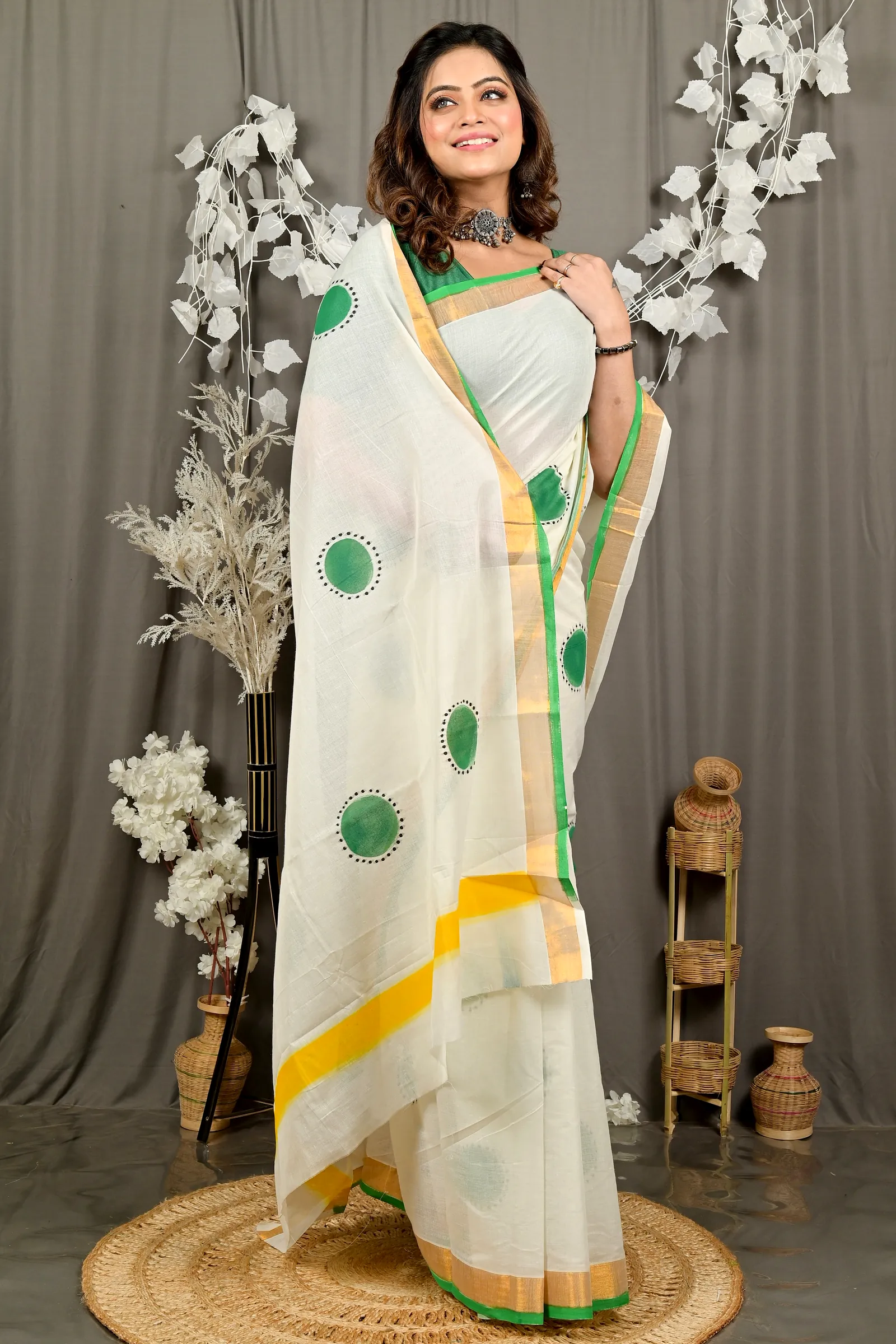 Multi-Coloured Pure Cotton Hataka Hand Painted Saree (9095)